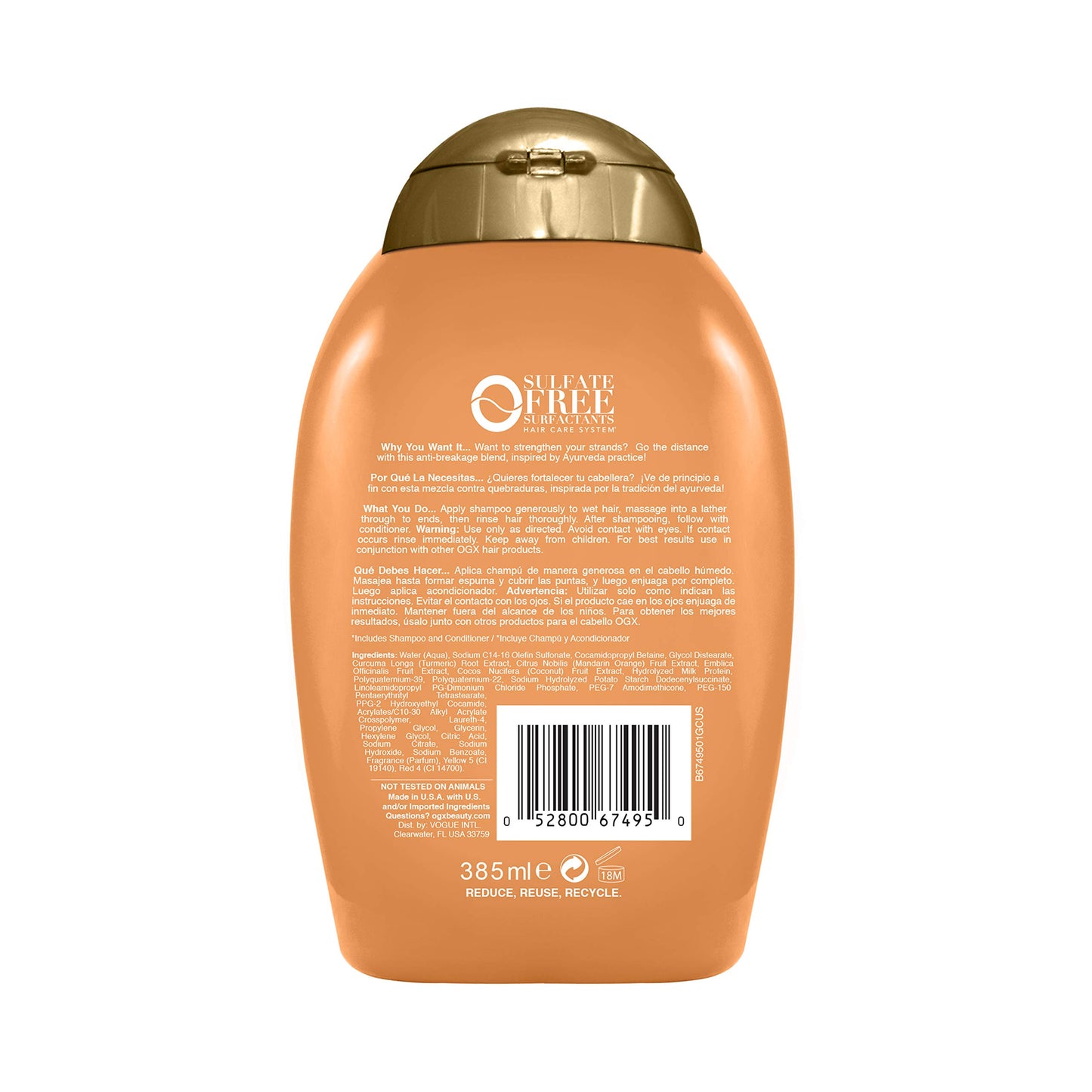 OGX Strength Length + Golden Turmeric Shampoo with Milk to Soothe Scalp Nourish Hair Ayurveda SulfateFree Surfactants for Stronger Longer Hair, Coconut, 13 Fl Oz