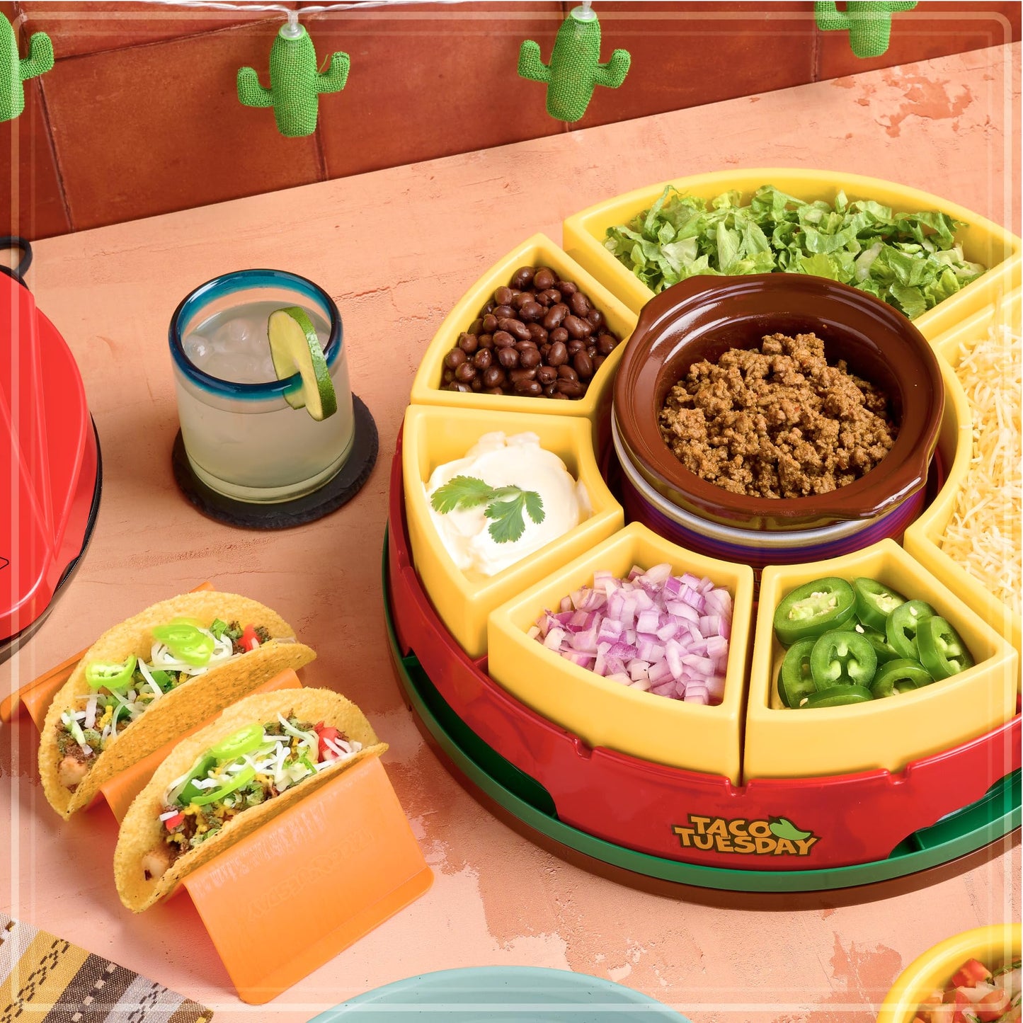 Nostalgia Taco Tuesday Heated Lazy Susan Taco Bar Serving Set for a Party with 4 Tortilla Holders, Fondue Pot for Burritos, Nachos, and Fajitas - 20 Oz. - Red