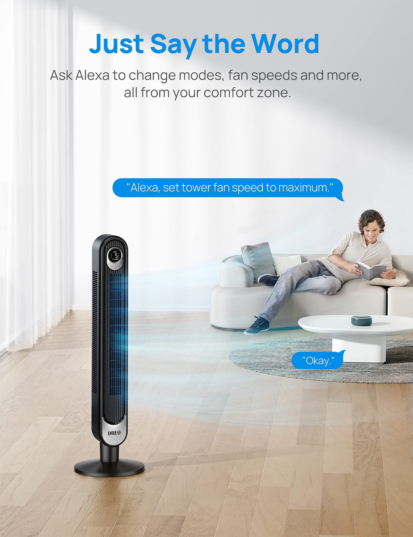 Dreo Smart Tower Fan WiFi Voice Control, Works with Alexa/Google, Cruiser Pro T1S Floor Standing Bladeless Oscillating Fan with Remote, 6 Speeds, 4 Modes, 12H Timer, for Indoor Bedroom Home Office