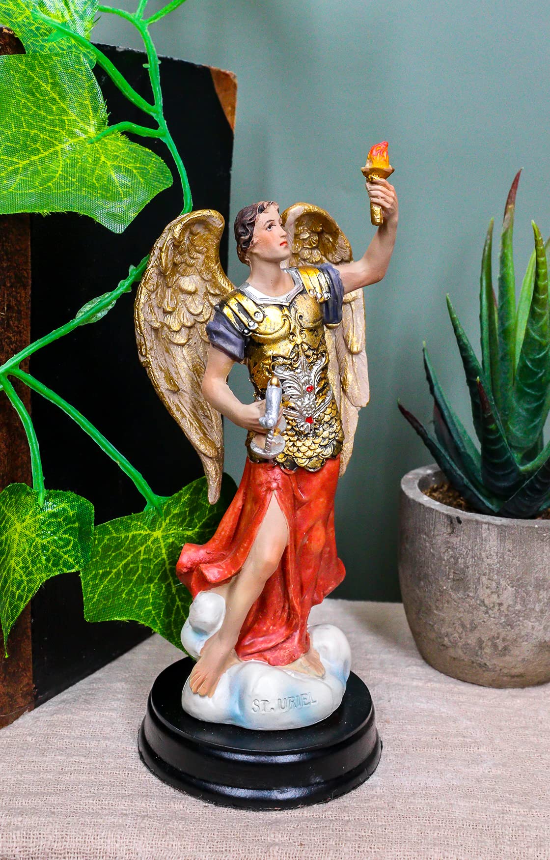 Ebros Catholic Church Archangel Saint Uriel with Holy Spirit Torch Statue with Brass Plated Title Wood Base 5.75" Tall Christian Devotional Altar Sculpture
