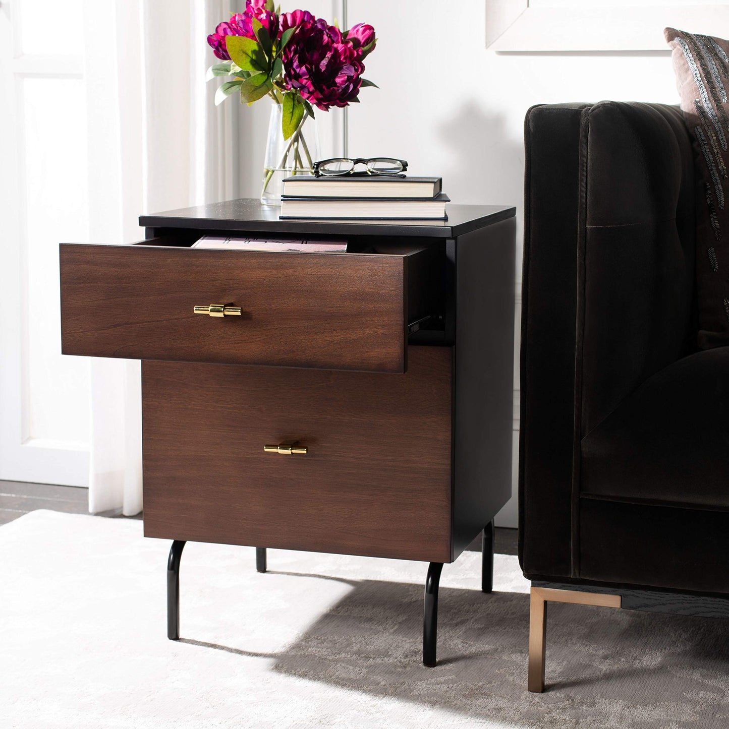 Safavieh Home Genevieve Modern Walnut and Black Mahogany 2-drawer Nightstand