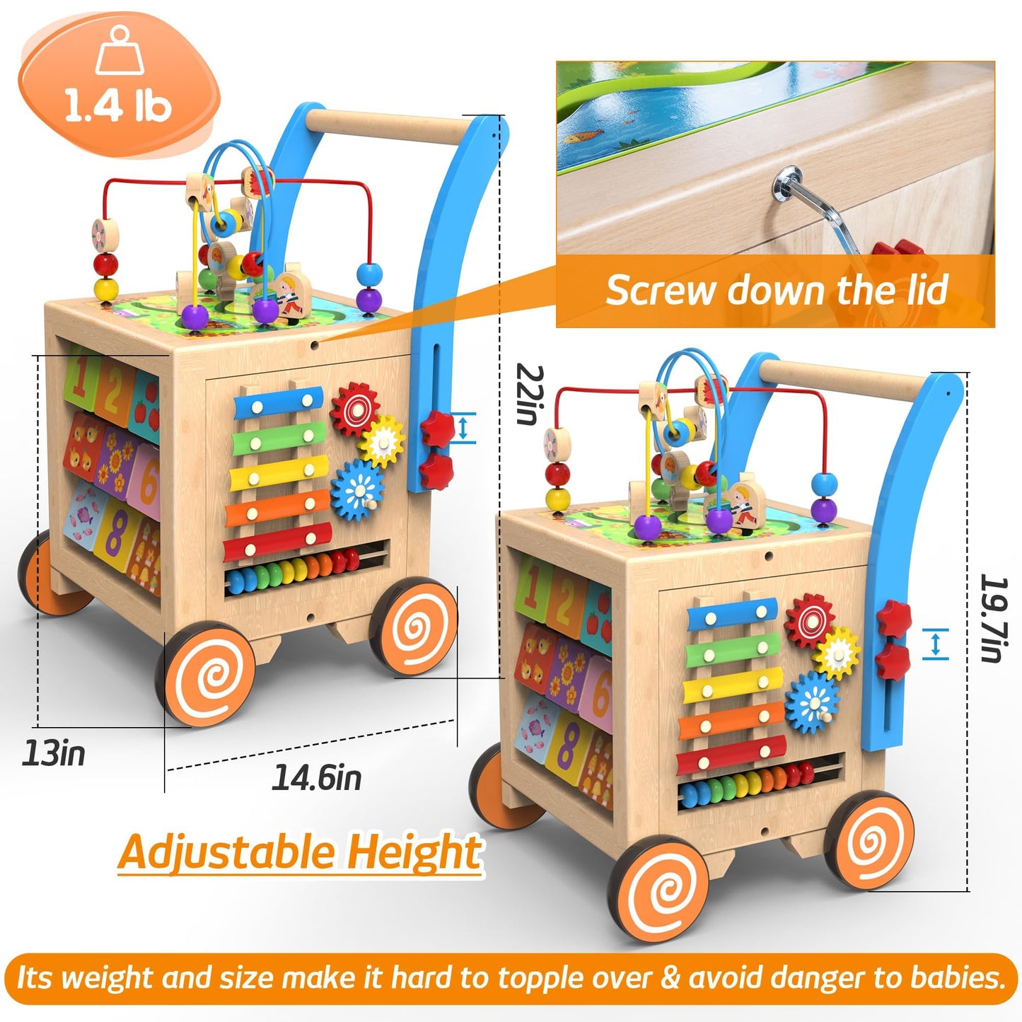 WOODMAM 9-in-1 Wooden Activity Cube | Wooden Baby Walker, Sit-to-Stand Learning Walker Activity Center, Early Educational Push & Pull Toys for Baby Toddler Boys Girls, Height & Brake Adjustable