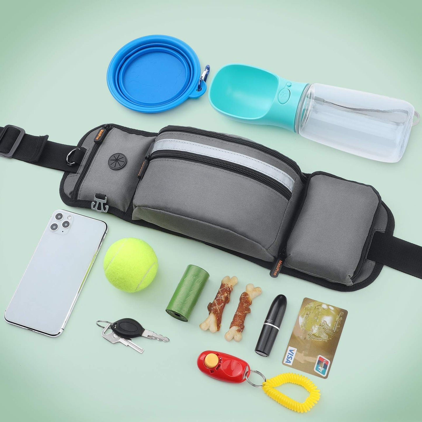 MalsiPree Dog Treat Pouch for Training – Built in Poop Bag Dispenser w/Water Bottle Holder, Hands Free Waist Belt Fanny Pack for Puppy Class, Travel, Running, Walking, Hiking (Bottle & Bags Not Inc.)
