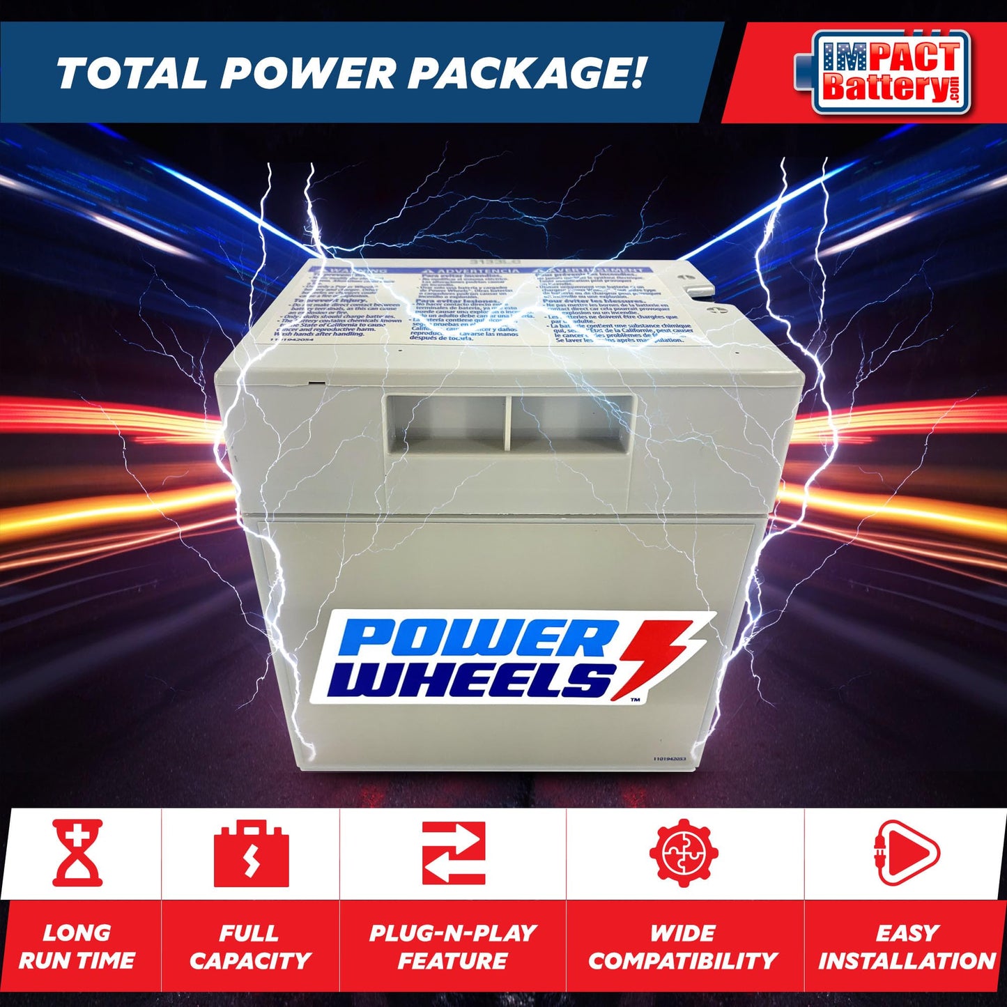 Impact Battery - 12-Volt Battery | Fits 12V Power Wheels Battery | Replacement Part 1001175653 00801-0638 00801-1869 | All Gray Rechargeable 12V Kids Car Battery - 12 Volt 12 Ah