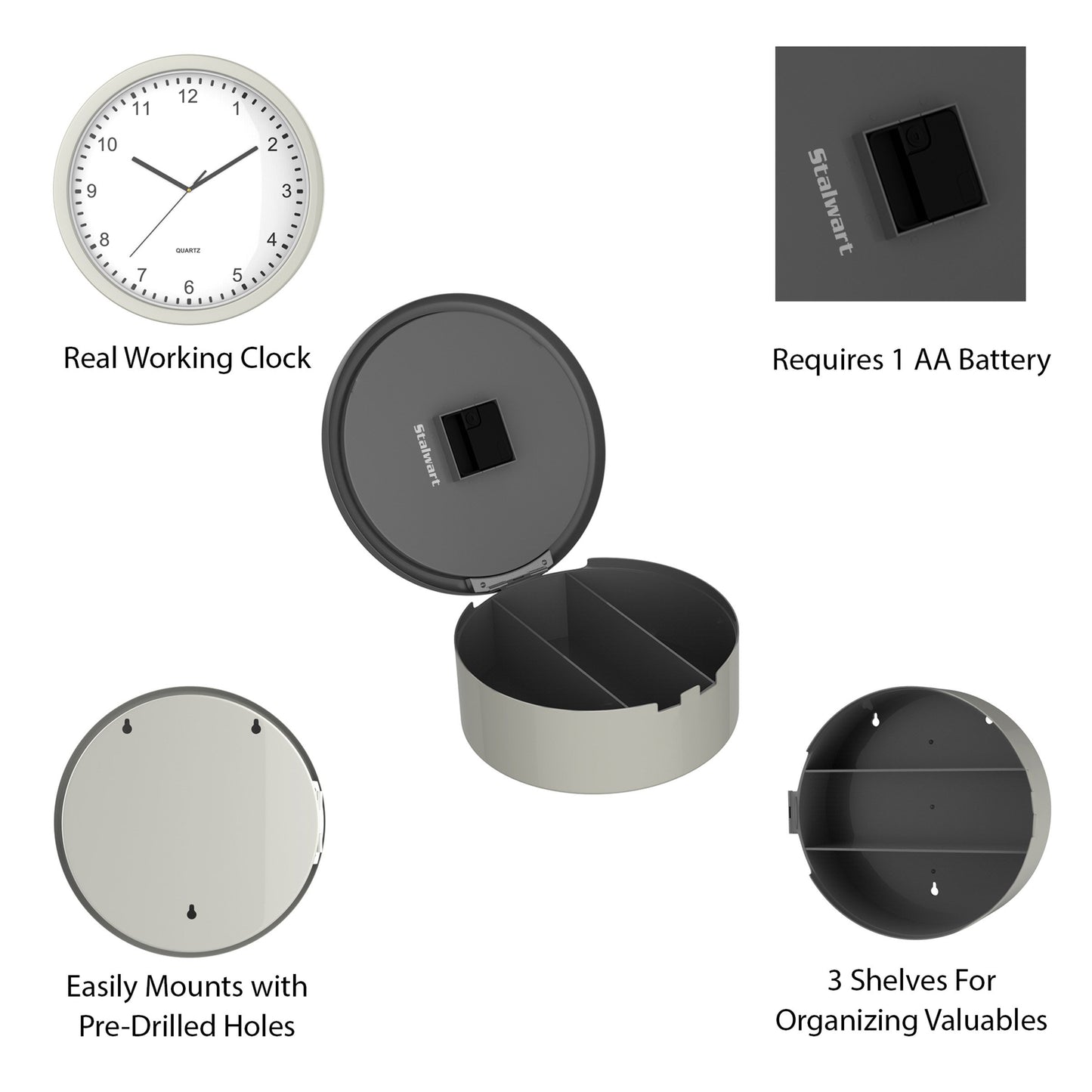 Clock Safe:10-Inch Battery-Operated Analog Clock with Hidden Wall Safe for Jewelry, Cash, Valuables, and More by Trademark Home (Silver)