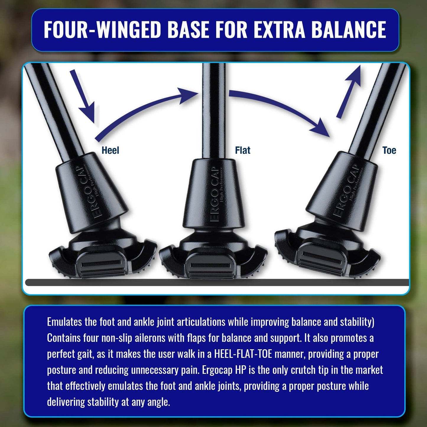 Ergocap® High Performance Crutch Rubber Tip - Rubber Replacement Foot Pad for Walking Canes - Stable Four Point, Engineered to Mimic The Joint Articulation of The Foot/Ankle (Universal-1 Crutch Tip)