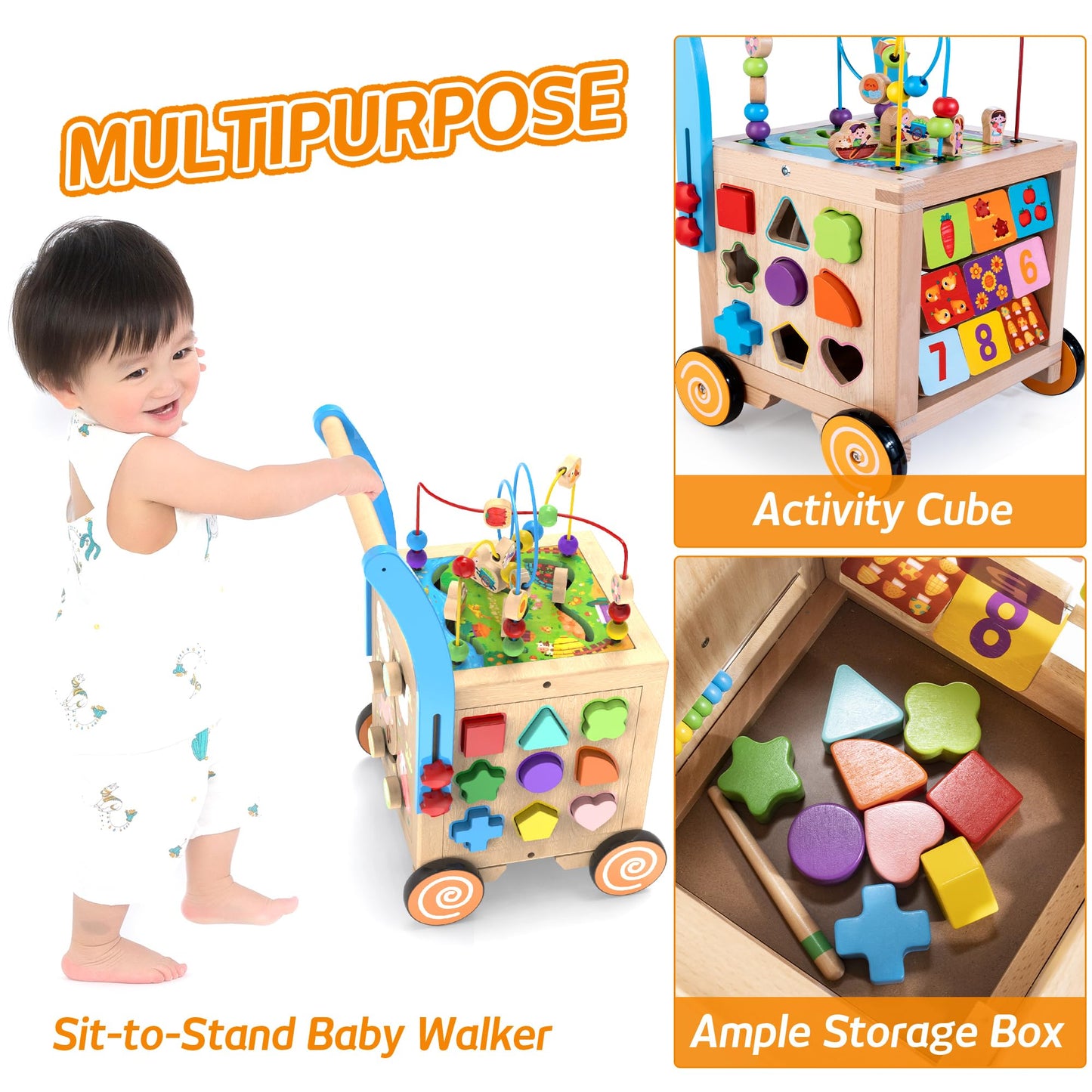 WOODMAM 9-in-1 Wooden Activity Cube | Wooden Baby Walker, Sit-to-Stand Learning Walker Activity Center, Early Educational Push & Pull Toys for Baby Toddler Boys Girls, Height & Brake Adjustable