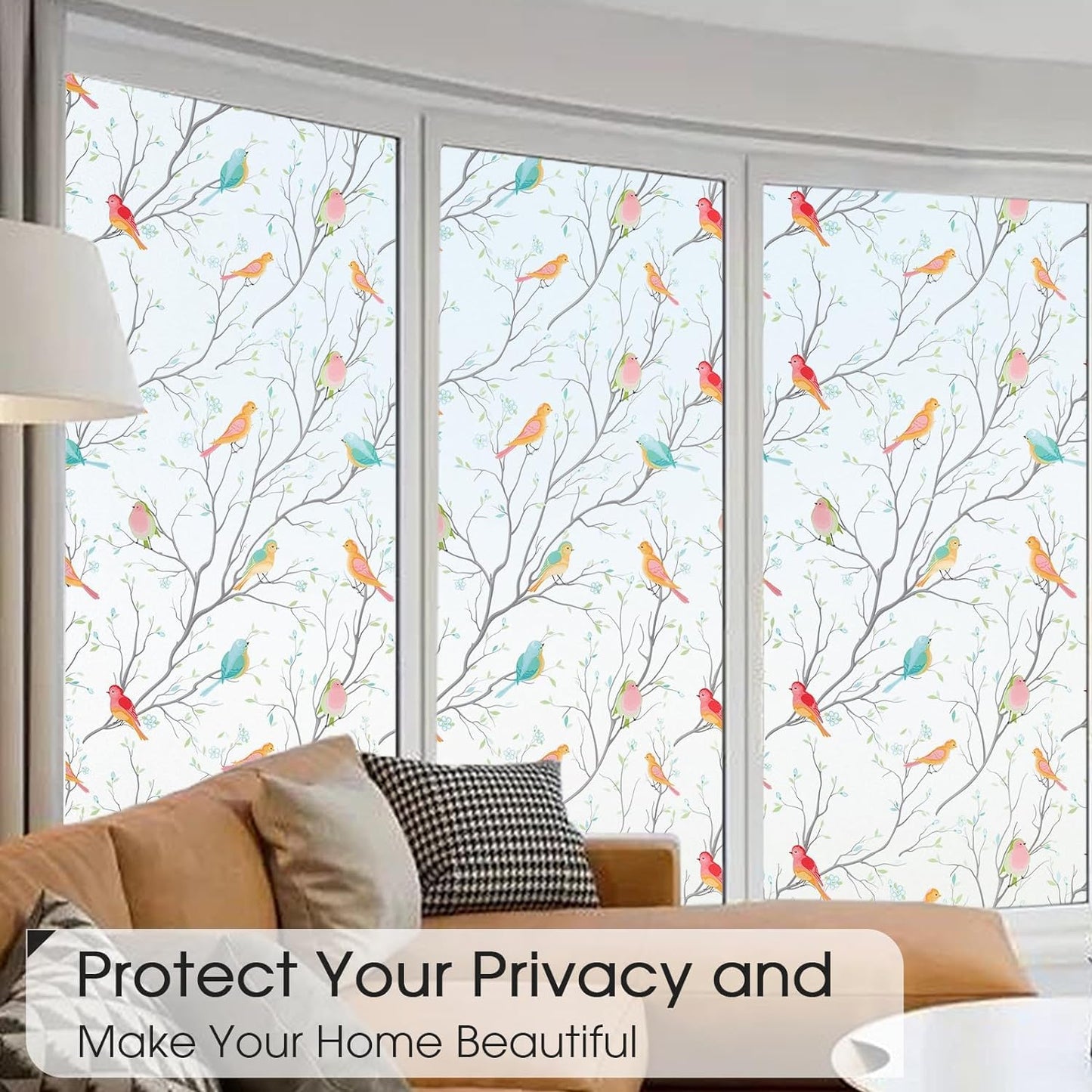 Coavas Window Privacy Film Decorative Bird Stained Glass Window Film Bathroom Frosted Glass Window Cling Privacy Film Heat Blocking Static Cling Day and Night Home Door Window Coverings 17.5" x 78.7"