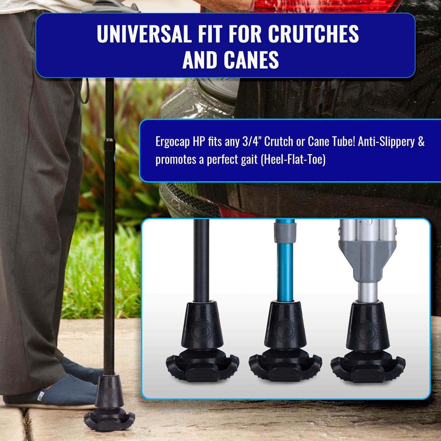Ergocap® High Performance Crutch Rubber Tip - Rubber Replacement Foot Pad for Walking Canes - Stable Four Point, Engineered to Mimic The Joint Articulation of The Foot/Ankle (Universal-1 Crutch Tip)