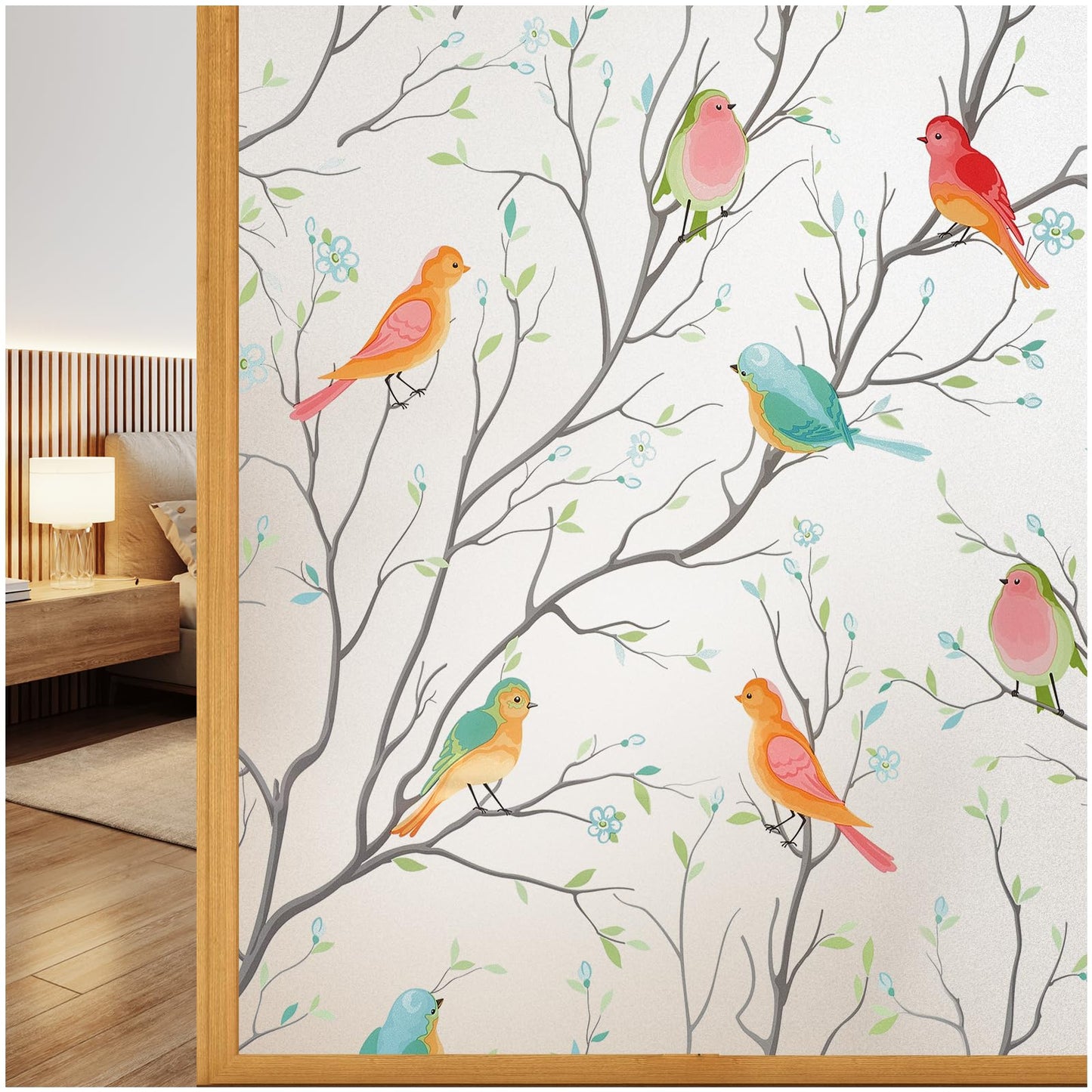 Coavas Window Privacy Film Decorative Bird Stained Glass Window Film Bathroom Frosted Glass Window Cling Privacy Film Heat Blocking Static Cling Day and Night Home Door Window Coverings 17.5" x 78.7"