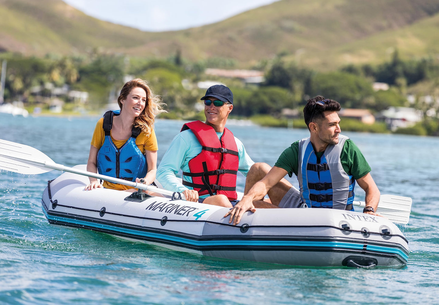 INTEX 68376EP Mariner 4 Inflatable Boat Set: Includes Deluxe 54in Boat Oars and High-Output Pump – Wear-Resistant Keel – Removable Fishing Rod Holders – 4-Person – 1100lb Weight Capacity
