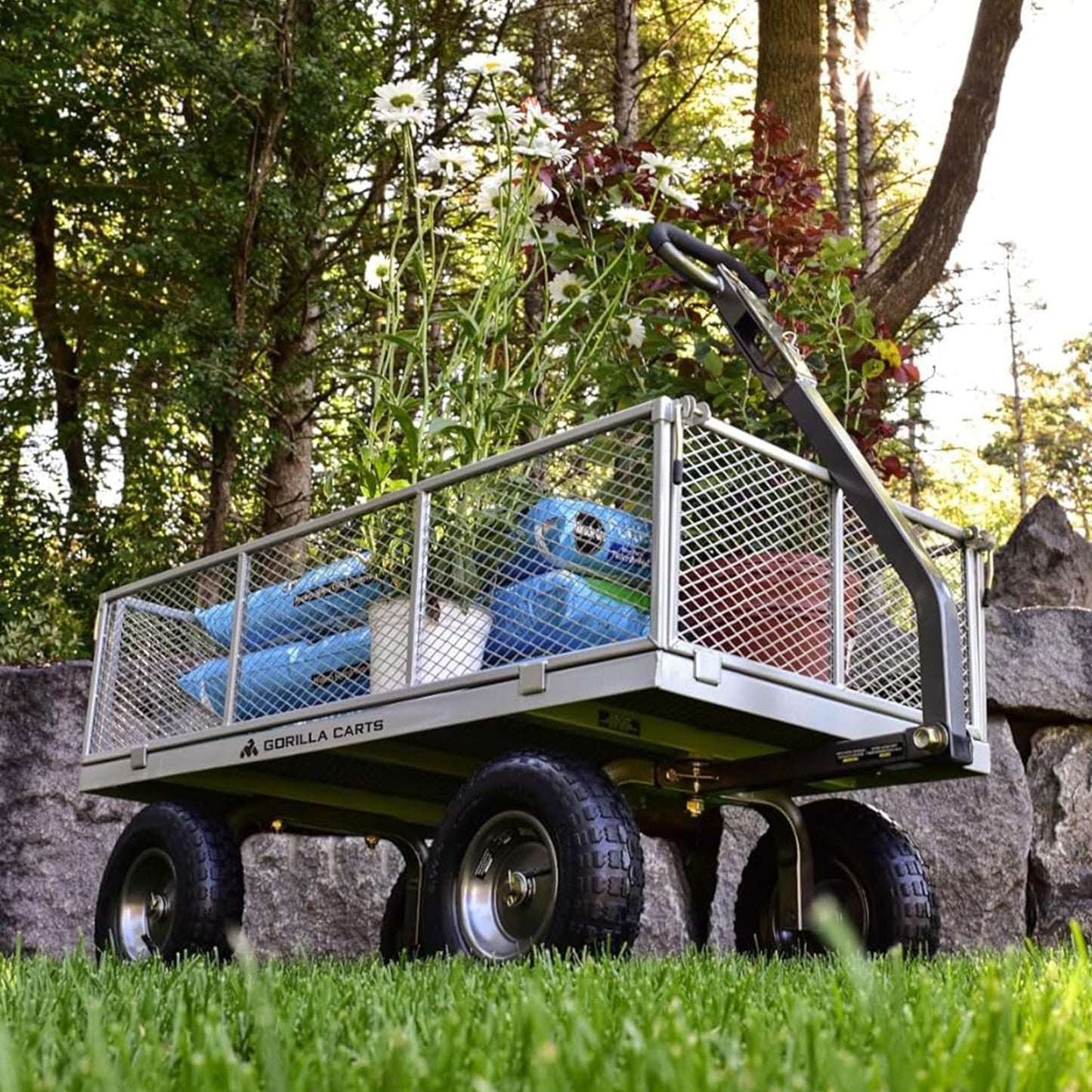 Gorilla Carts 1000 Pound Capacity Heavy Duty Steel Mesh Versatile Utility Wagon Cart with Easy Grip Handle for Outdoor Hauling and Gardening, Gray