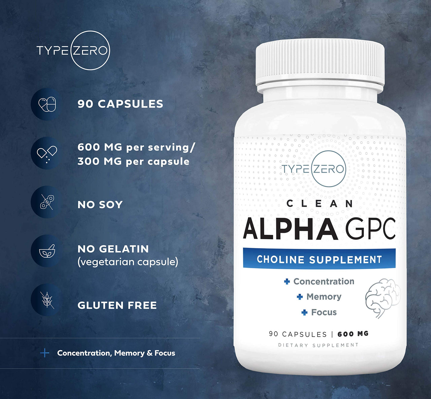 Type Zero Ultra Clean Alpha GPC Choline Supplement (600mg | 90 Capsules) Soy Free, Non-GMO Nootropics Alpha GPC 600mg / 300mg; Alpha-GPC Brain Memory and Focus Supplements