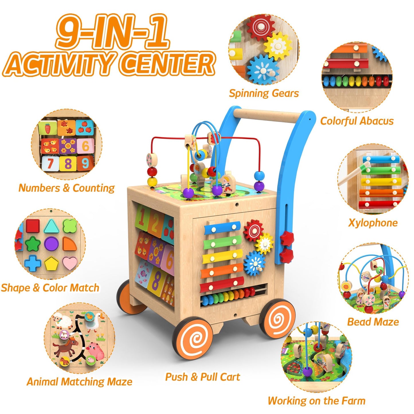 WOODMAM 9-in-1 Wooden Activity Cube | Wooden Baby Walker, Sit-to-Stand Learning Walker Activity Center, Early Educational Push & Pull Toys for Baby Toddler Boys Girls, Height & Brake Adjustable