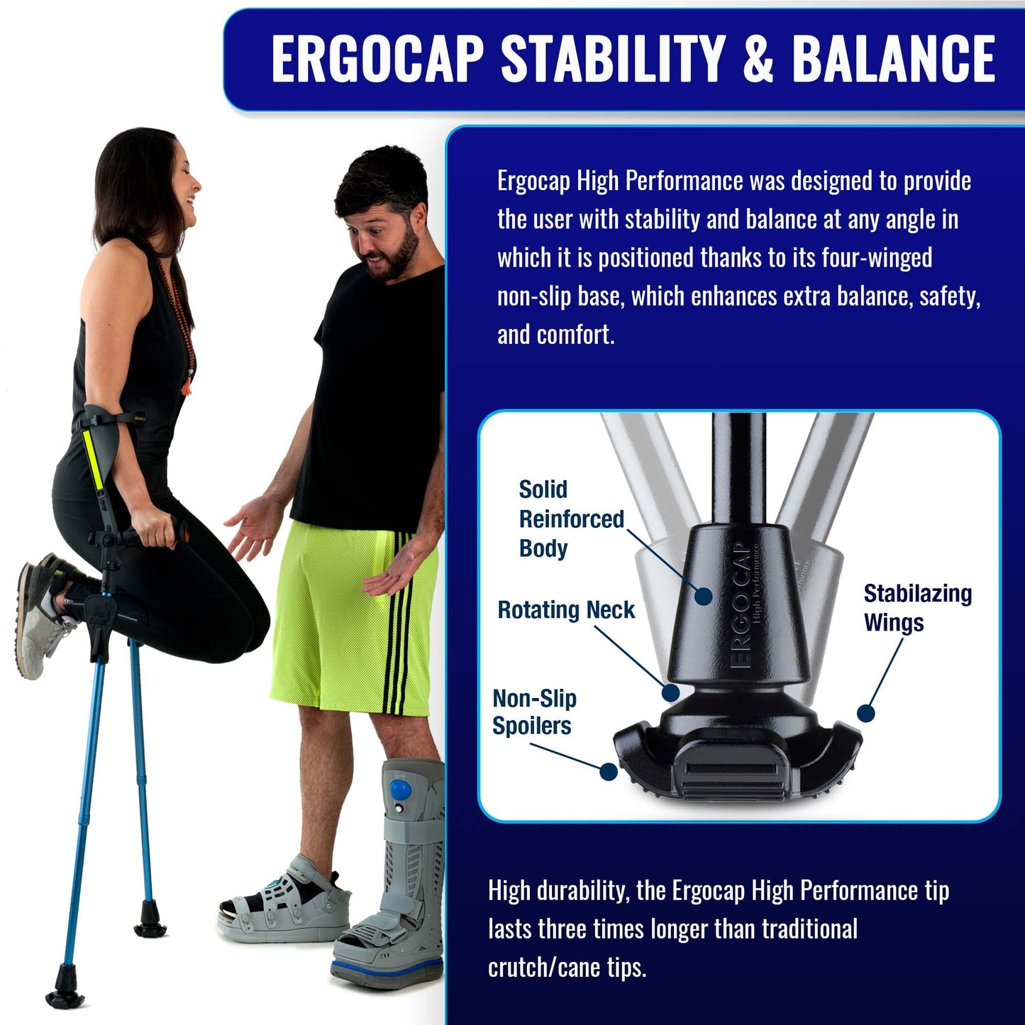 Ergocap® High Performance Crutch Rubber Tip - Rubber Replacement Foot Pad for Walking Canes - Stable Four Point, Engineered to Mimic The Joint Articulation of The Foot/Ankle (Universal-1 Crutch Tip)