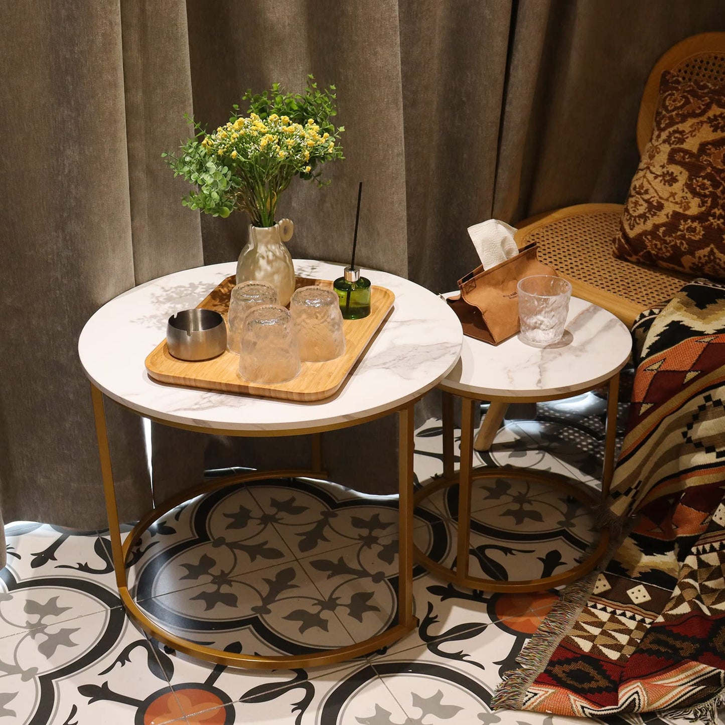 aboxoo Coffee Table Nesting White Set of 2 Side Set Golden Frame Circular Round and Marble Pattern Wooden Tables, Living Room Bedroom Apartment Modern
