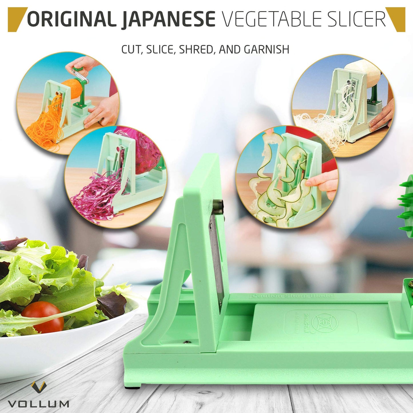 Vollum Japanese Turning Vegetable Spiralizer, Veggie Spiralizer For Fresh Zucchini, Squash, Butternut Squash with 1 Straight-Edged Blade and 3 Serrated Blades Multiple