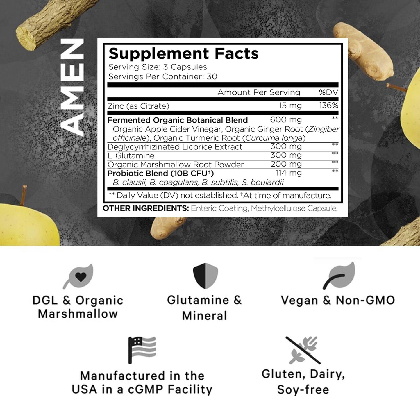 Amen Leaky Gut Supplement - Advanced Formula with Bioavailable L Glutamine, Zinc, Turmeric, DGL Licorice Root - Marshmallow Root