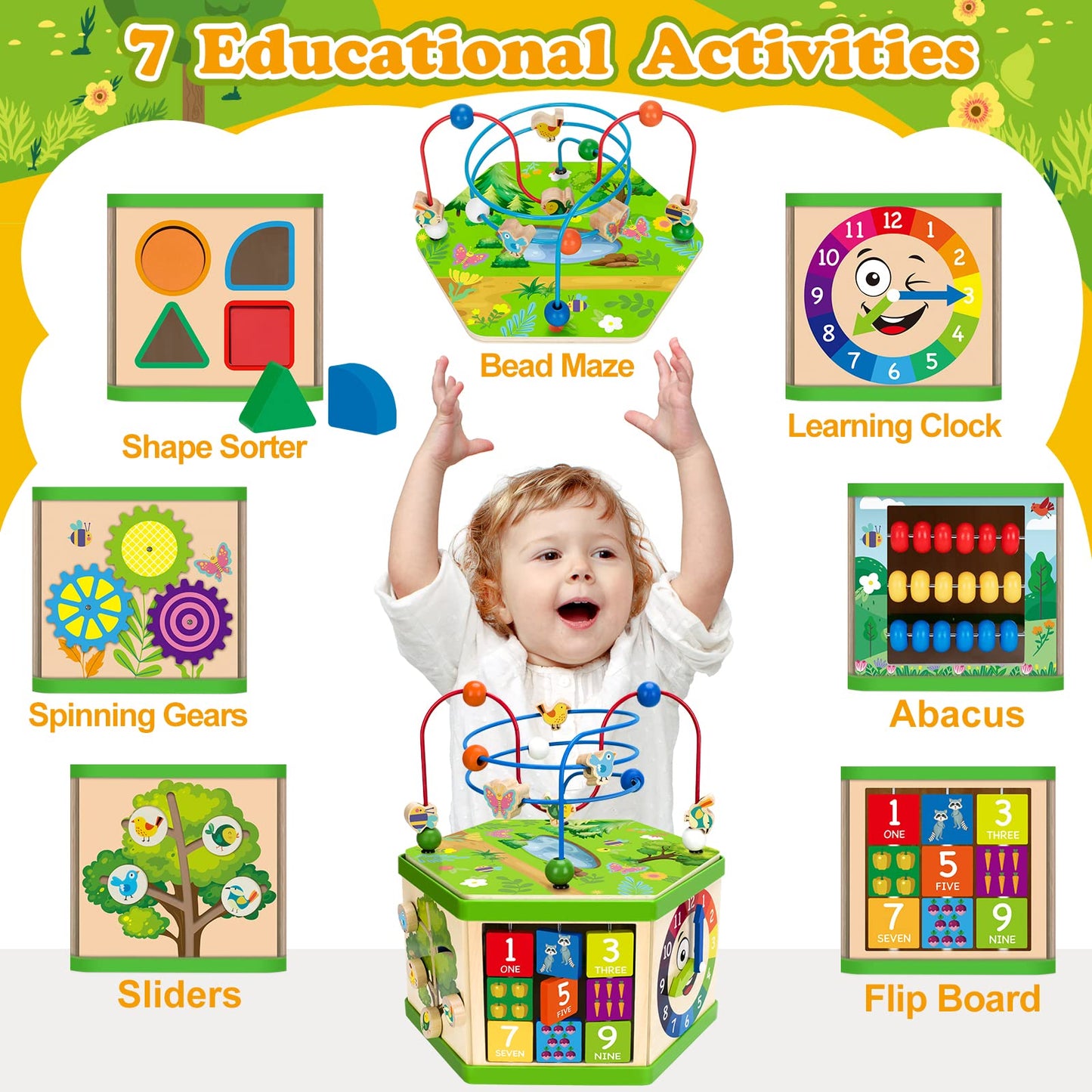Wooden Activity Cube for 12-18 Month, 1 Year old Boys & Girls, 7-in-1 STEM Montessori Early Developmental Learning Toys for Kids Aged 1-2, Ideal 1st Birthday Gift Toys for Baby, Toddlers (Pink)