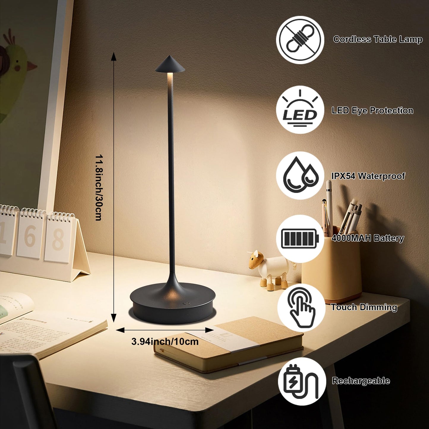 LJXiioo Cordless Table Lamps Rechargeable, LED Desk Lamp 4000mAh Battery Operated Outdoor Waterproof Portable Touch Dimmable Table Light for Patio/Restaurant/Bar/Indoor (Black-2PC)
