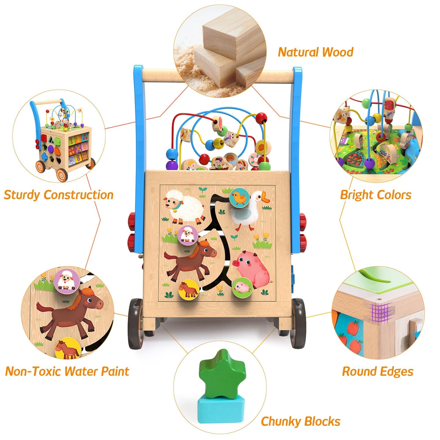 WOODMAM 9-in-1 Wooden Activity Cube | Wooden Baby Walker, Sit-to-Stand Learning Walker Activity Center, Early Educational Push & Pull Toys for Baby Toddler Boys Girls, Height & Brake Adjustable