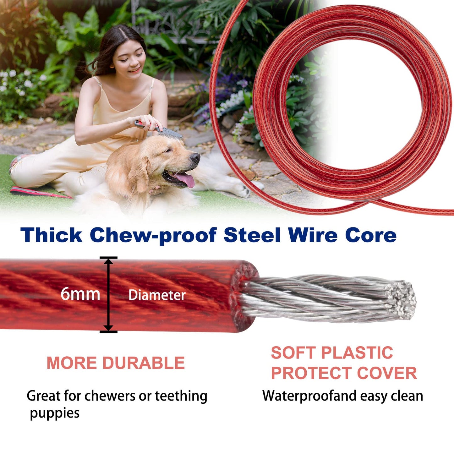 Darkyazi Dog Stake Tie Out Cable and Reflective Stake 16 ft Outdoor, Yard and Camping, for Medium to Large Dogs Up to 125 lbs (16ft Cable, 18" Stake, Red)