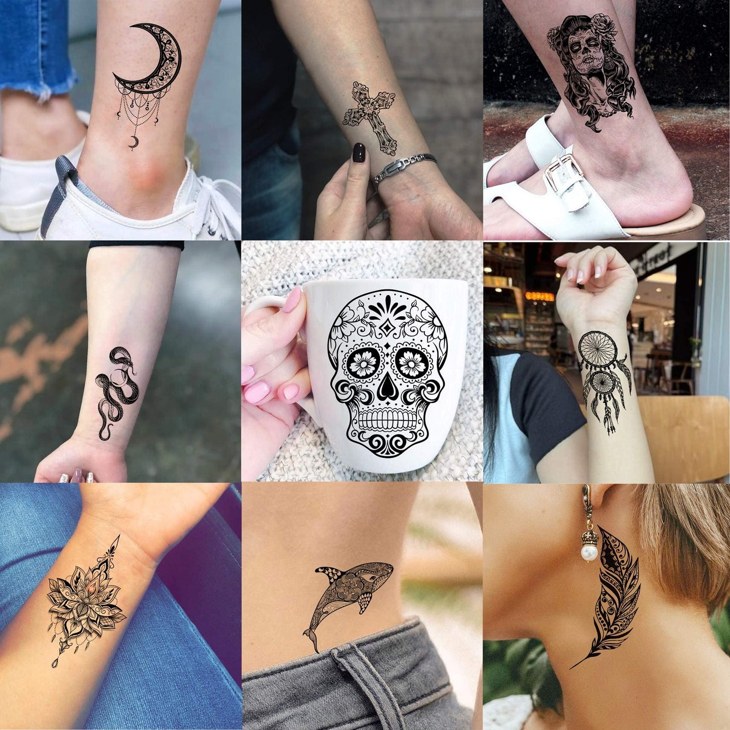 30 Sheets Black Lotus Temporary Tattoos for Women Adults Girls Arm, Vintage Tribal Elephant Wolf Snake Turtle Fake Tattoo Sticker Mandala Flower