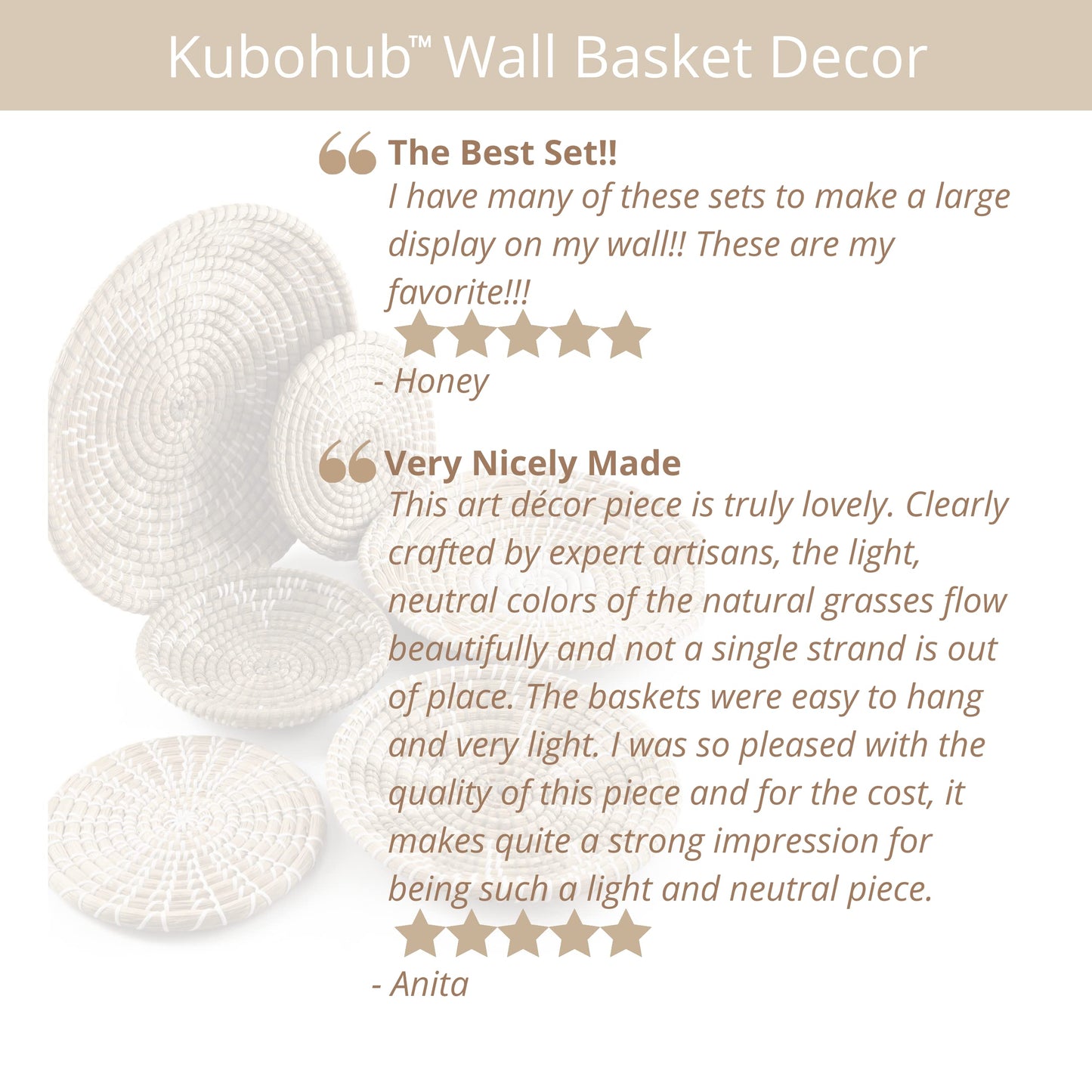 Kubohub Set of 6 Handcrafted Boho Wall Basket Decor, Woven Wall Basket, Basket Wall Decor, Handmade from Vietnam Unique Wicker Wall Art Decor (Set of 6)