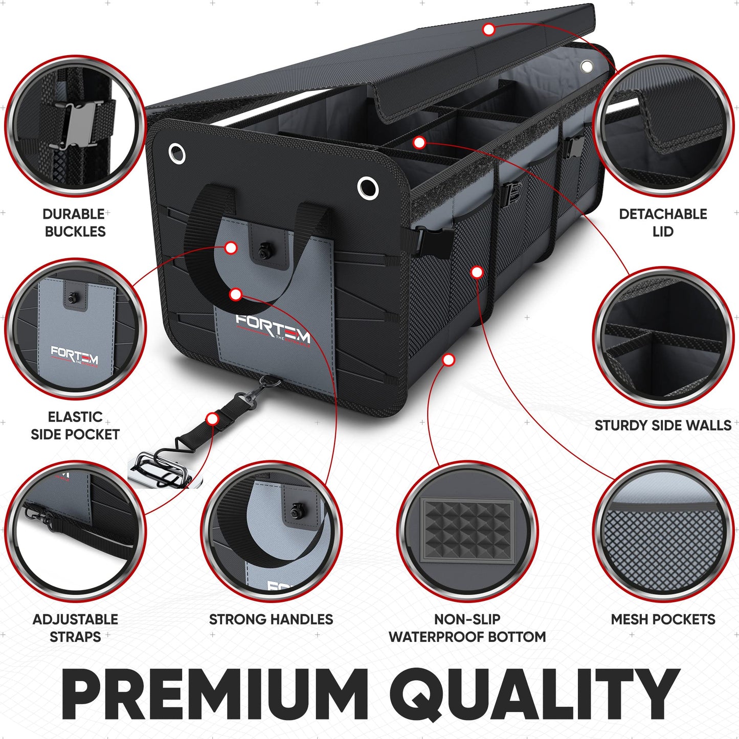 FORTEM SUV Trunk Organizer, Car Organizer, Collapsible Multi-Compartment Storage Bag for Car Accessories for Women Men, Non Slip Bottom, Adjustable Straps, Soft Cover (Extra Large, Grey)