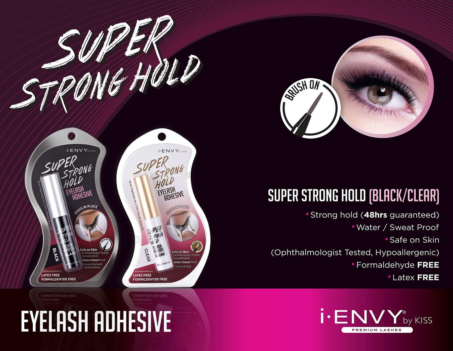 i-Envy by KISS Super Strong Hold Eyelash Adhesive, Waterproof Long-Lasting Strip Lash Glue, Natural-Looking Allergy & Latex Free with Brush Applicator (Clear, 2 Pack)