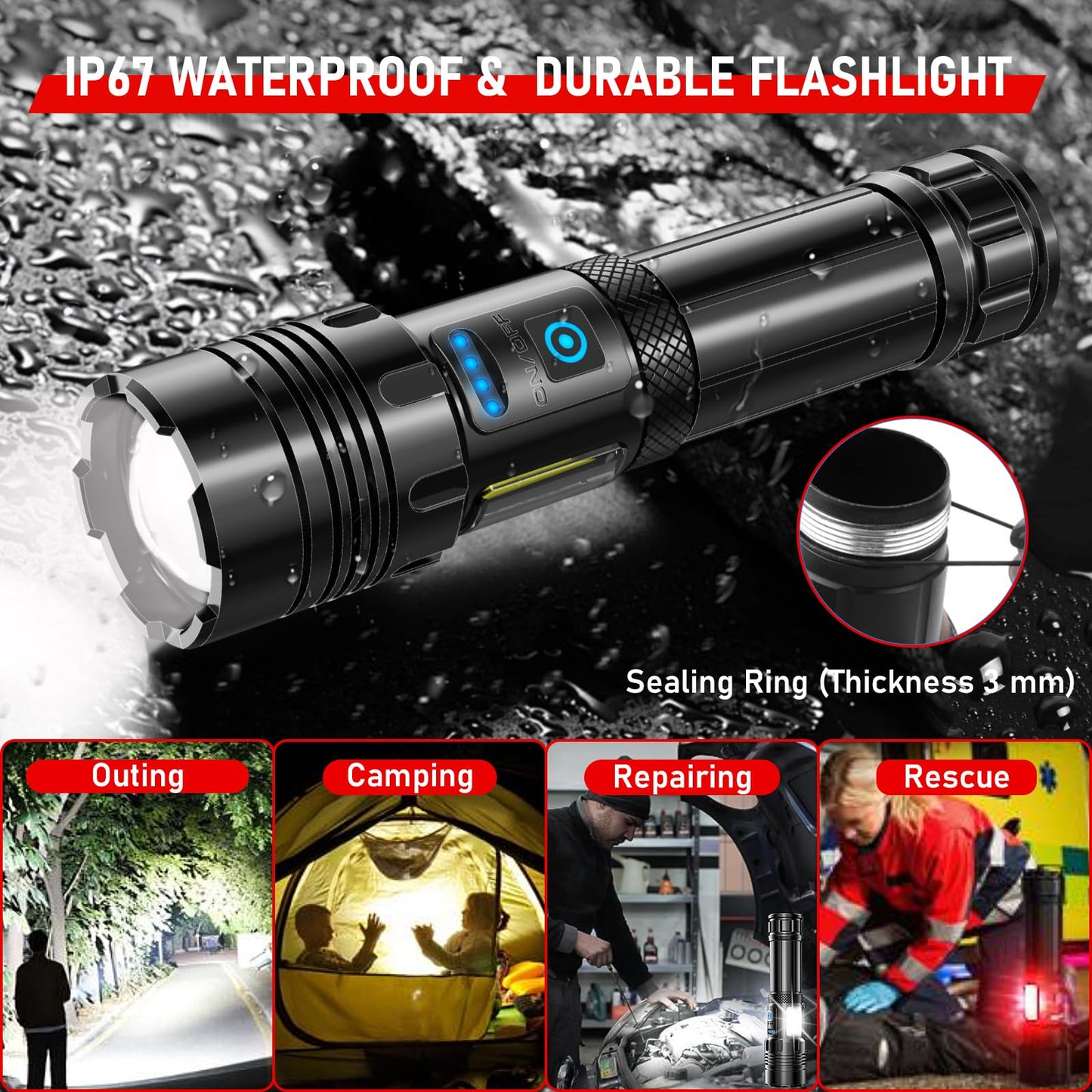 Shadowhawk Rechargeable Flashlights High Lumens, 1000000LM XHM90.2 30W LED Flash Light with COB Light, 7 Modes Super Bright Flashlight Battery Powered, Handheld Powerful Flashlight for Home, Emergency