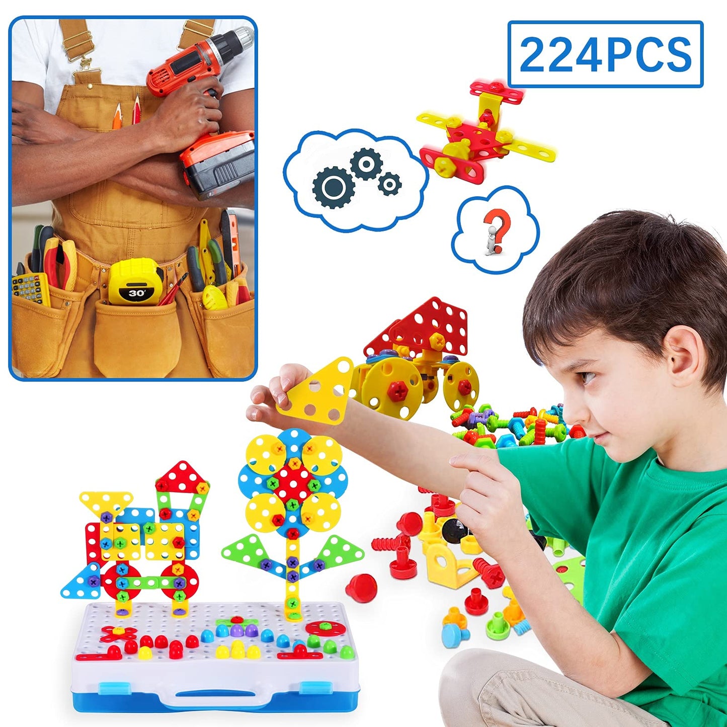 Creativity Tool Box with Drill Screwdriver Toy Set, STEM Building Toys for Kids 3+ Year Old, Creative Building Blocks Pegboard Kits for Boys & Girls 3 4 5 6 7 8 Year Old