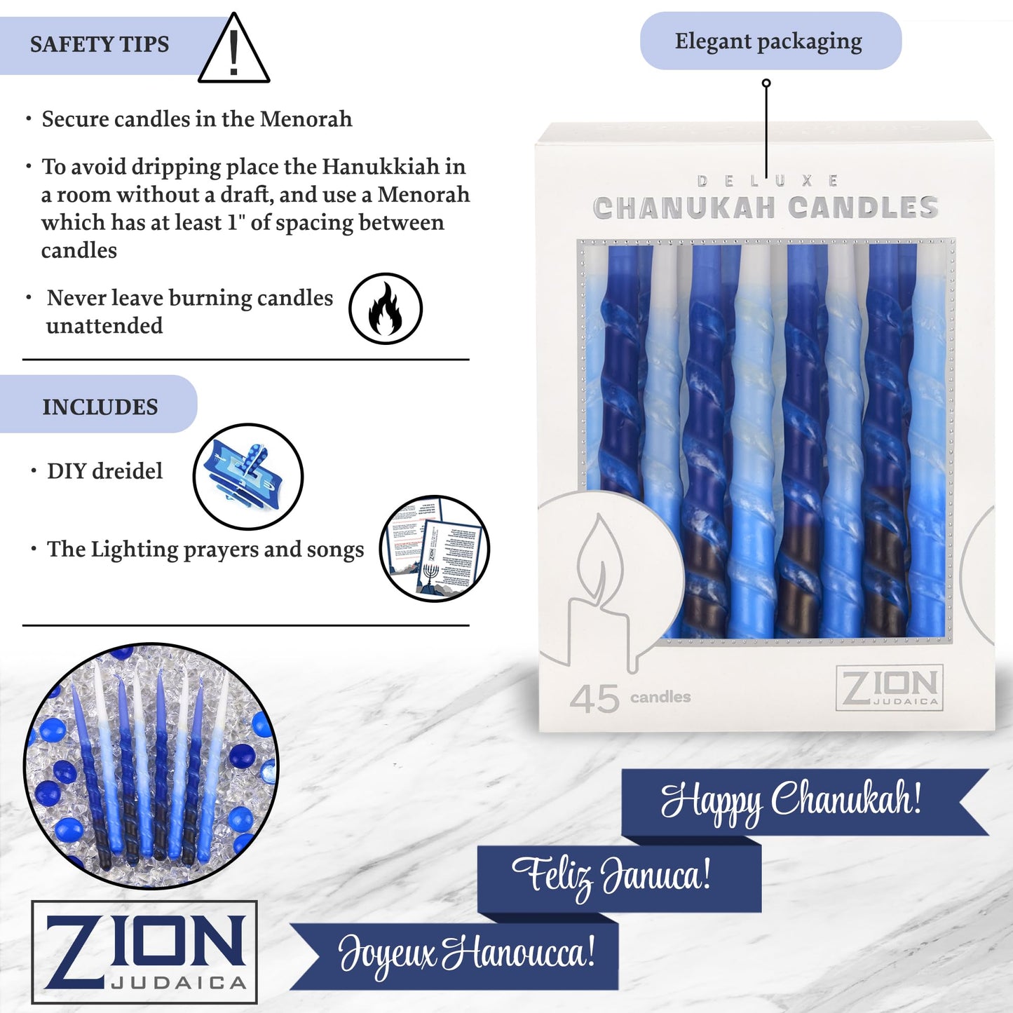 Zion Judaica Ltd Set of 45 Dripless Hanukkah Candles Spiral Candle Includes a DIY Dreidel, Prayer Card, Standard Size Menorah Candles for Eight Nights of Chanukah, Multi Tone Blue and White Ombre