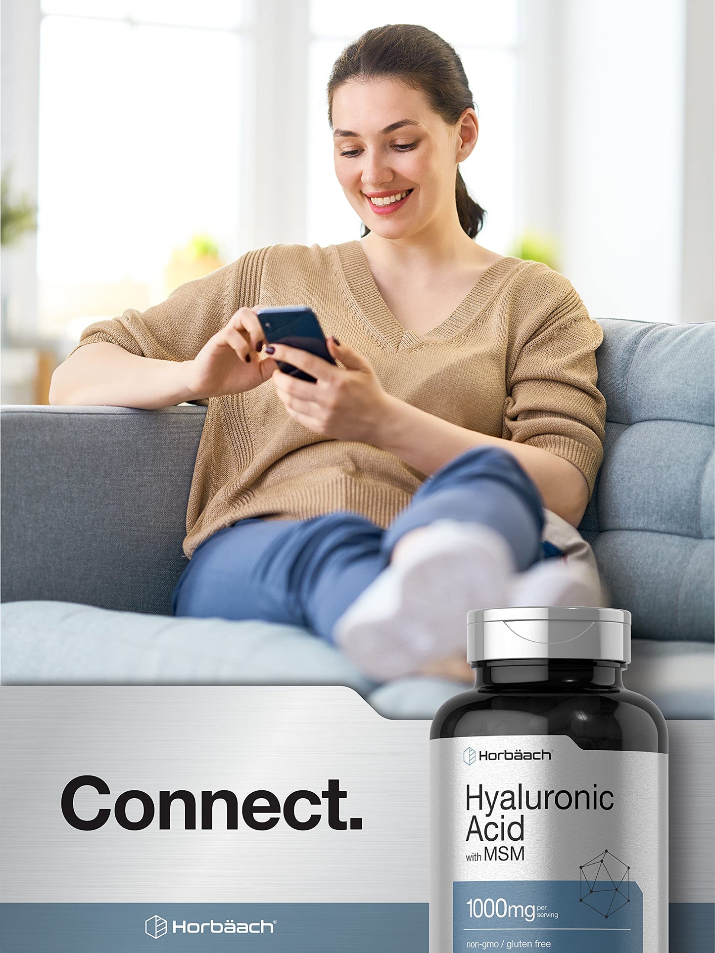 Horbäach Hyaluronic Acid with MSM | 1000 mg | 120 Capsules | Non-GMO and Gluten Free Supplement | Bioavailable Formula