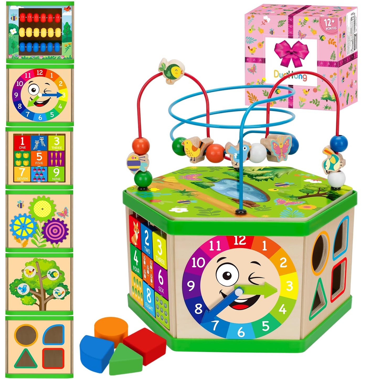 Wooden Activity Cube for 12-18 Month, 1 Year old Boys & Girls, 7-in-1 STEM Montessori Early Developmental Learning Toys for Kids Aged 1-2, Ideal 1st Birthday Gift Toys for Baby, Toddlers (Pink)