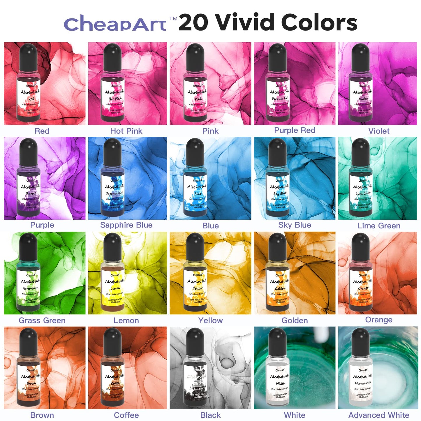CHEAPART Alcohol Ink Set 24 Vibrant Colors Resin Dye High Concentrated Fast Drying Alcohol Based Epoxy Resin Pigment Resin Art Tumblers Coaster Acrylic Fluid Painting Crafts (24x10ml/0.35 fl oz)