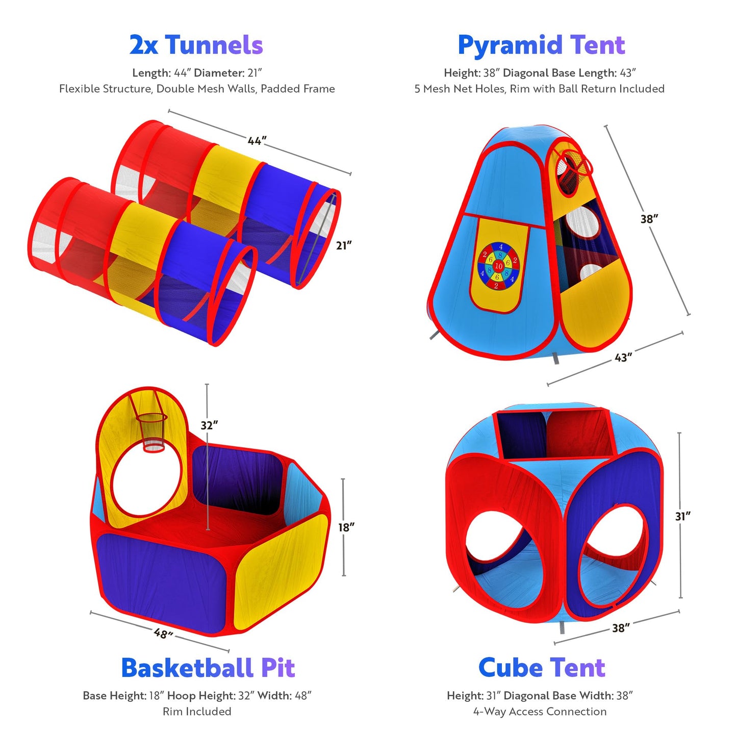 Playz 5pc Kids Play Tent Jungle Gym, Ball Pit, Pop Up Tents & Play Tunnel for Toddlers, Babies, and Kids Indoor & Outdoor Playhouse Bundle with Dartboard and 5 Sticky Balls, Gift for Boys & Girls