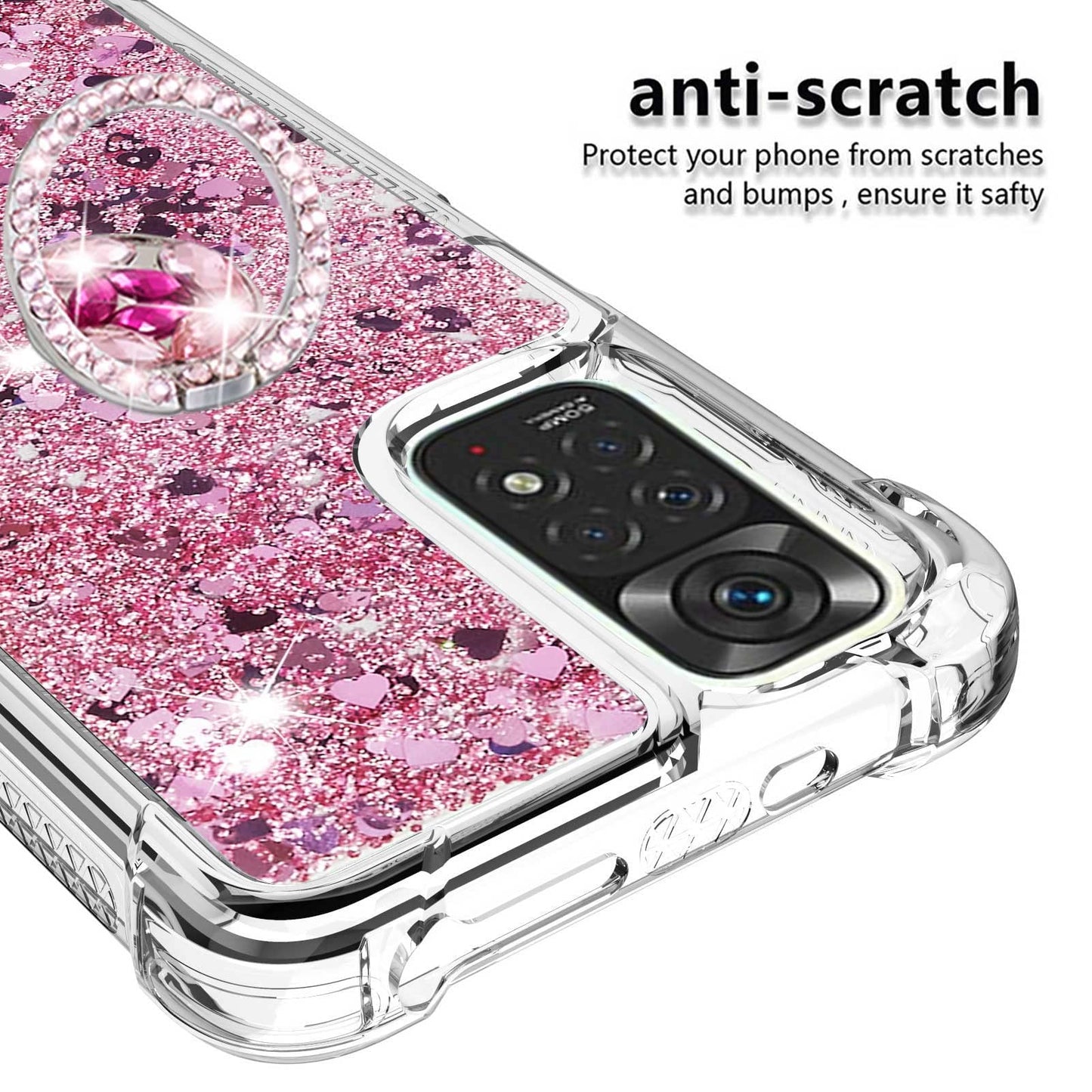 CCSmall for Xiaomi Redmi Note 11 4G Glitter Case with Ring Holder, Bling Sparkle Floating Liquid Soft TPU Cushion Fashion Clear Case Cover for Xiaomi Redmi Note 11 4G/Redmi Note 11S LSZ Rose Gold