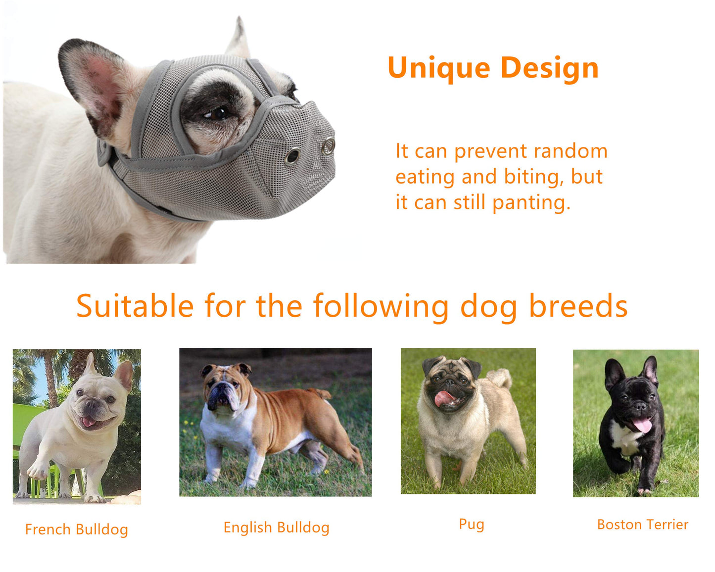 Cilkus Short Snout Dog Muzzles - Bulldog Muzzle Adjustable Breathable Mesh Dog Muzzle Can Stick Out Tongue and Drink Water Anti-Biting and Training Dog (M (16.5" -17.3"), Grey)