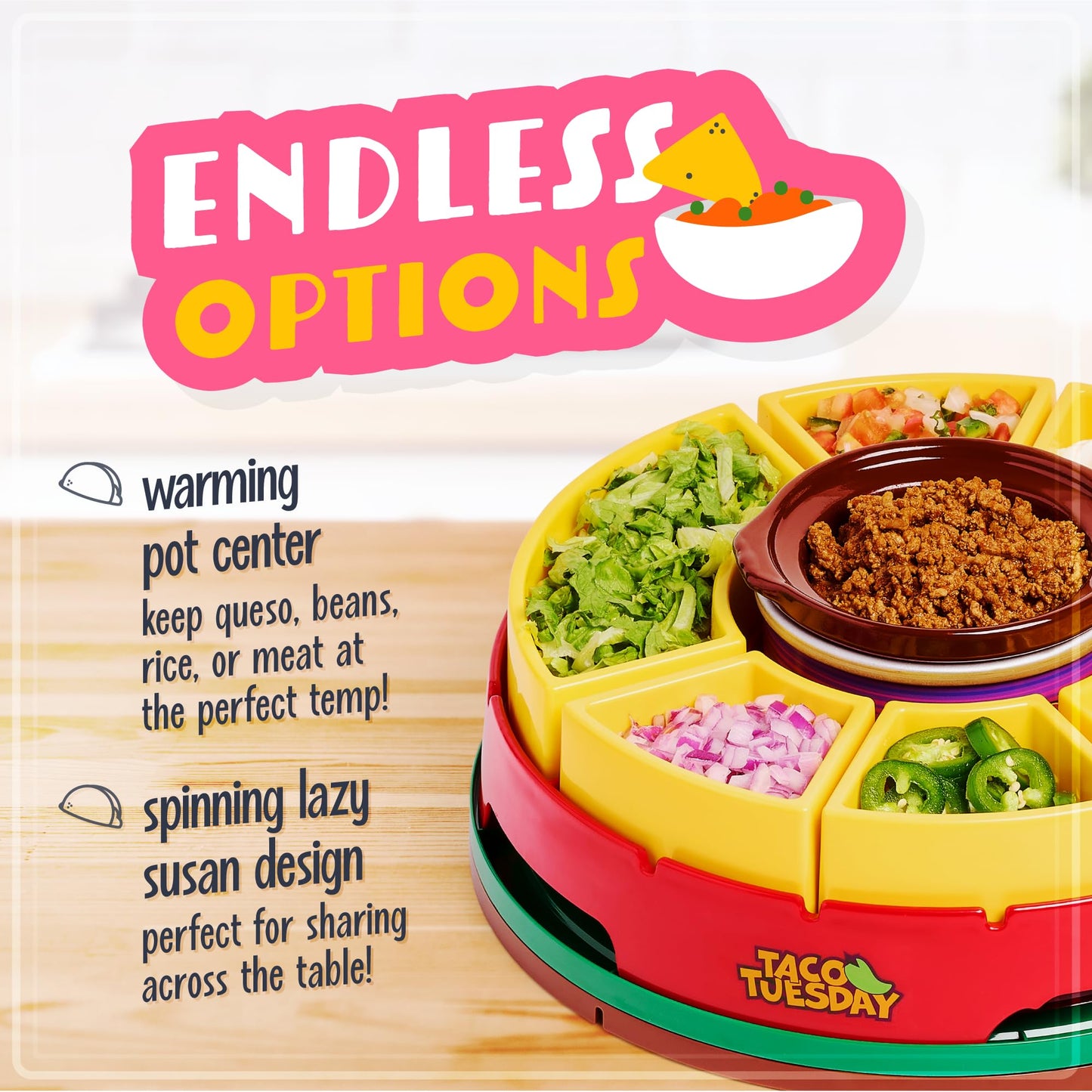 Nostalgia Taco Tuesday Heated Lazy Susan Taco Bar Serving Set for a Party with 4 Tortilla Holders, Fondue Pot for Burritos, Nachos, and Fajitas - 20 Oz. - Red