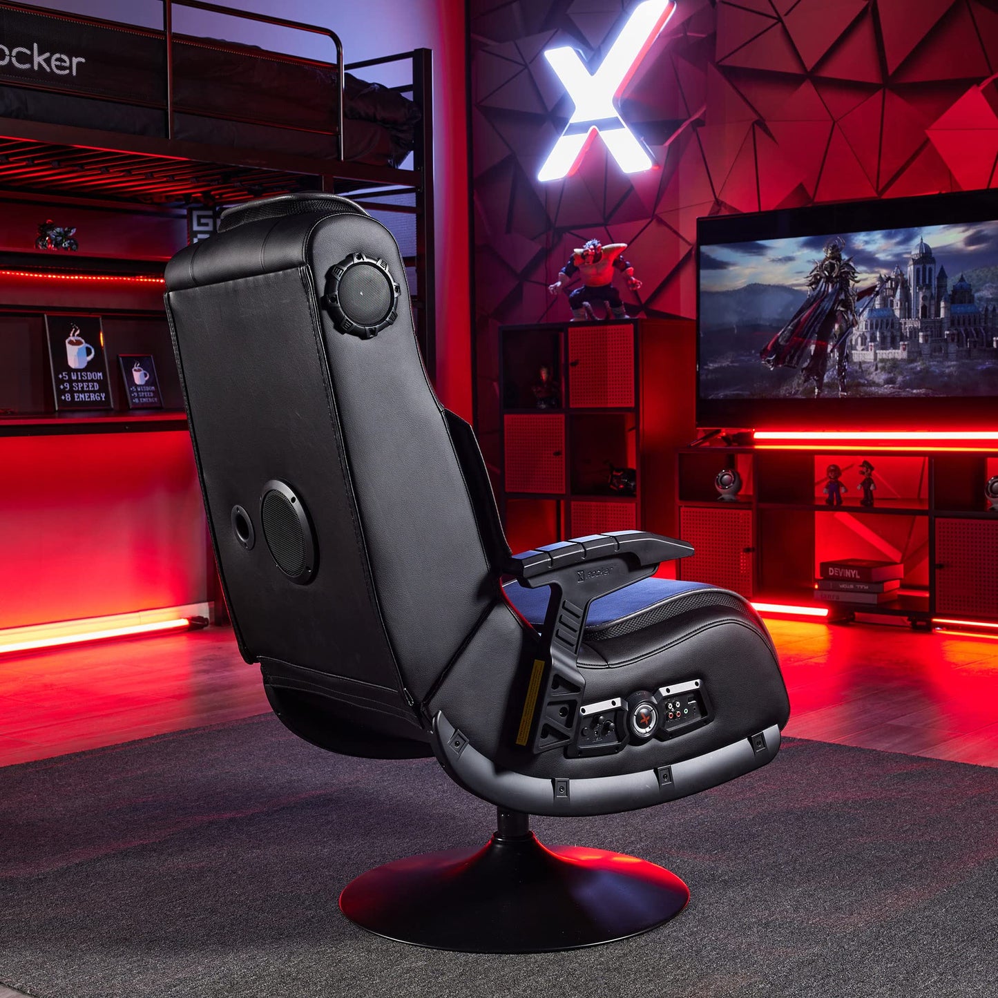 X Rocker Pro Lounging Video Gaming Pedestal Chair with Armrests, Built-In Audio & Vibration via Wireless Bluetooth, Foldable, Vegan Leather, 275 lbs Max, Black
