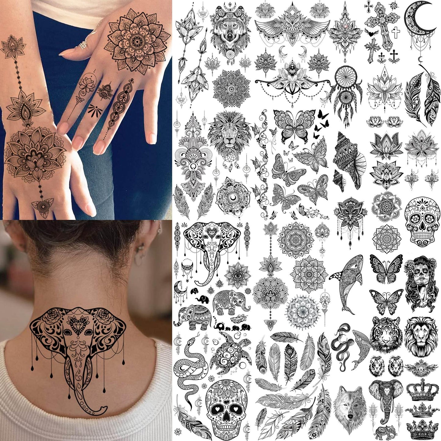30 Sheets Black Lotus Temporary Tattoos for Women Adults Girls Arm, Vintage Tribal Elephant Wolf Snake Turtle Fake Tattoo Sticker Mandala Flower
