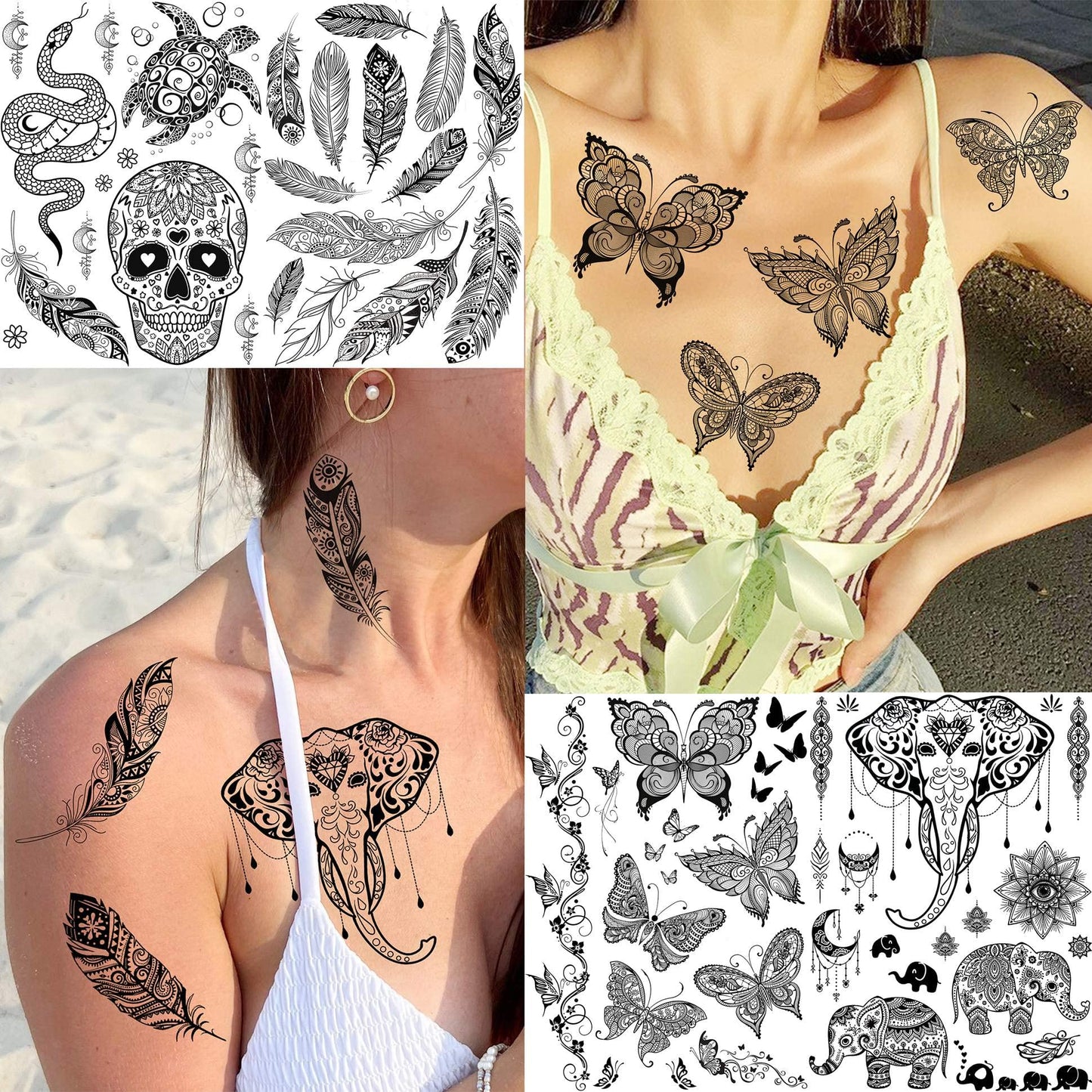 30 Sheets Black Lotus Temporary Tattoos for Women Adults Girls Arm, Vintage Tribal Elephant Wolf Snake Turtle Fake Tattoo Sticker Mandala Flower
