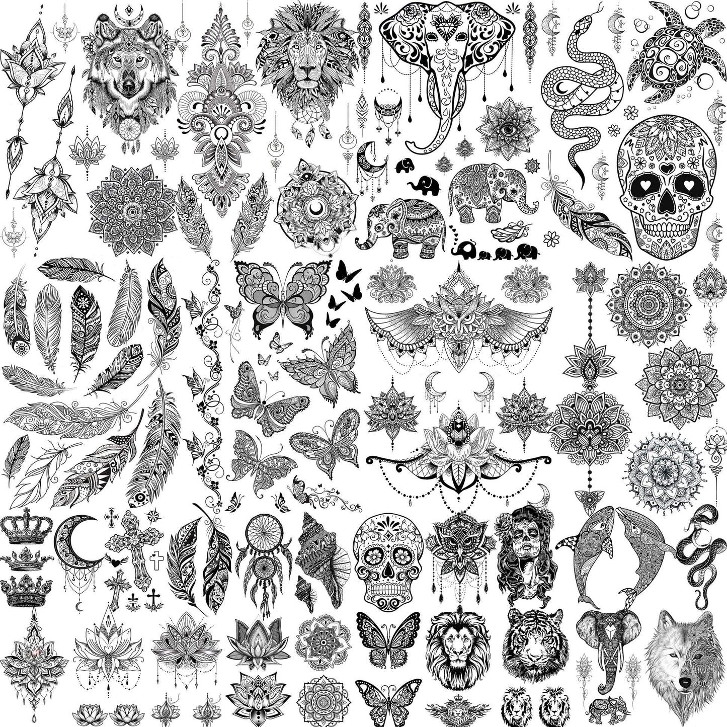 30 Sheets Black Lotus Temporary Tattoos for Women Adults Girls Arm, Vintage Tribal Elephant Wolf Snake Turtle Fake Tattoo Sticker Mandala Flower