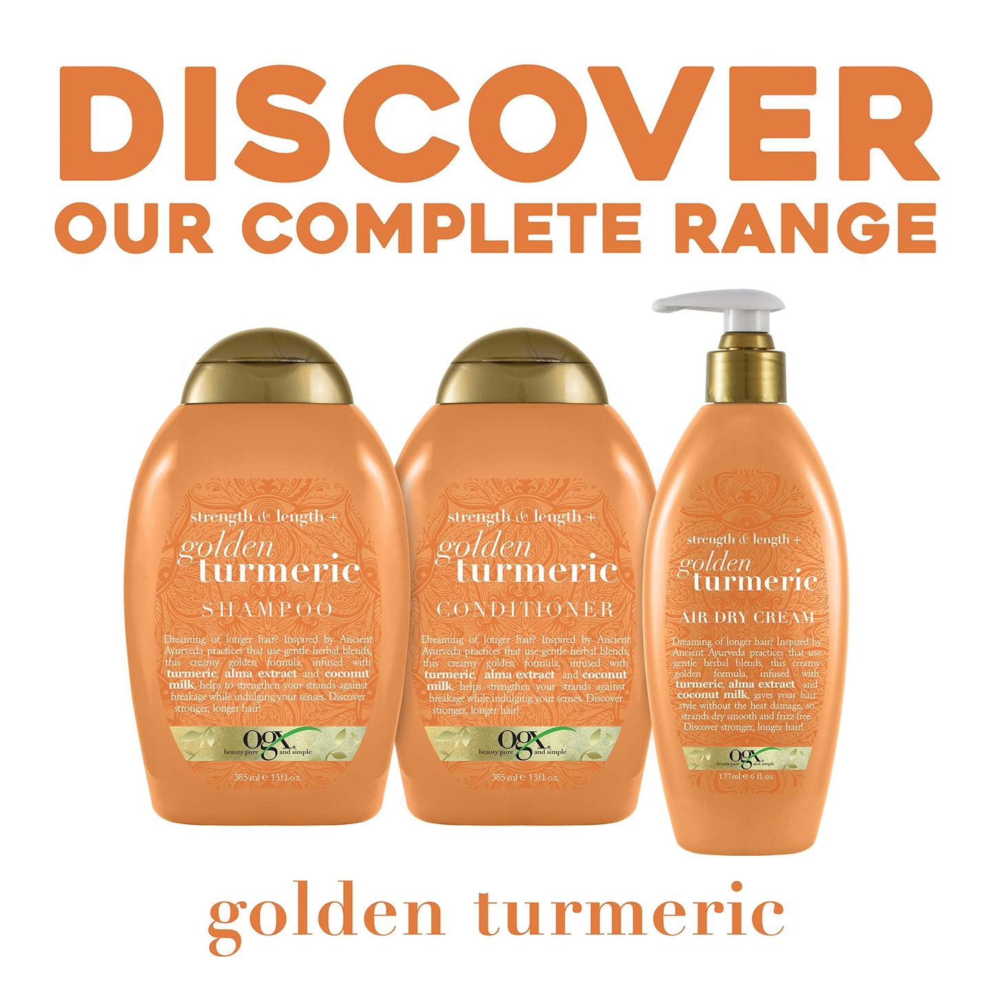 OGX Strength Length + Golden Turmeric Shampoo with Milk to Soothe Scalp Nourish Hair Ayurveda SulfateFree Surfactants for Stronger Longer Hair, Coconut, 13 Fl Oz