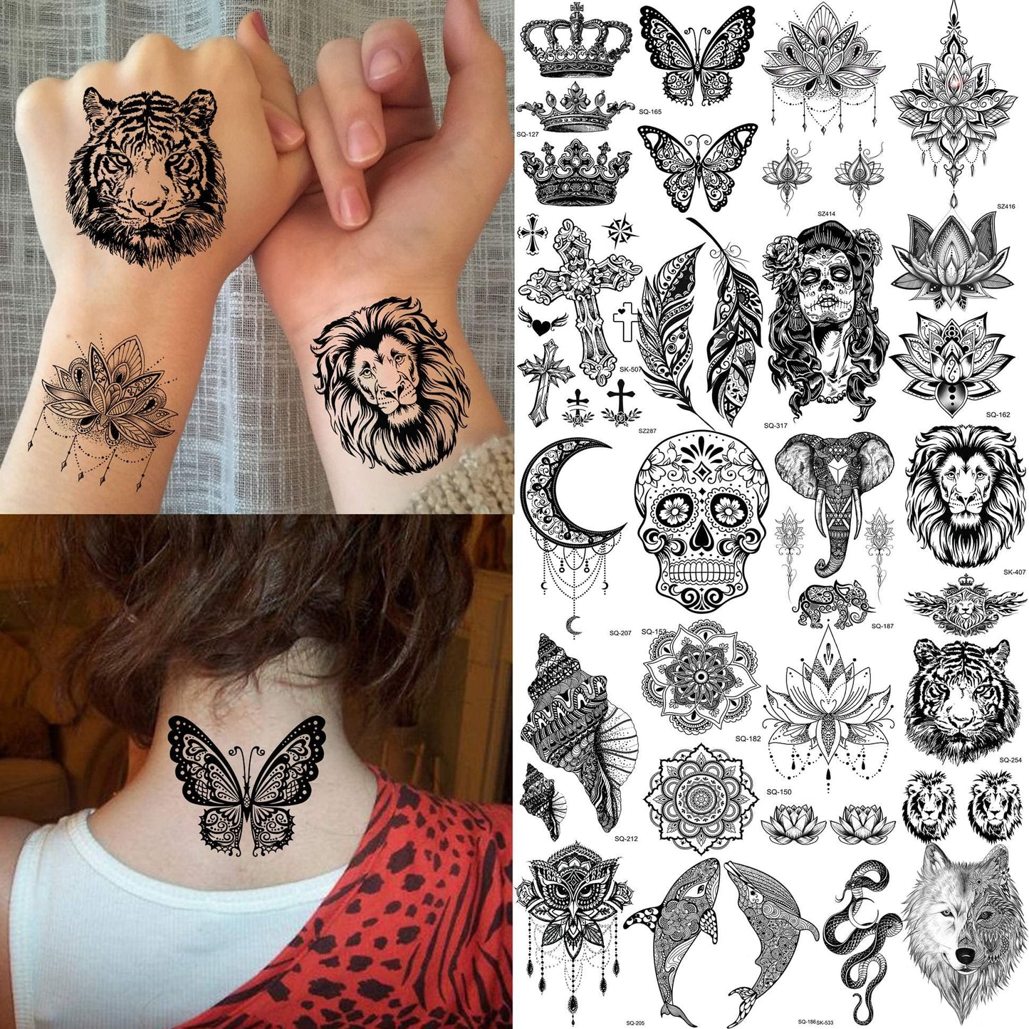 30 Sheets Black Lotus Temporary Tattoos for Women Adults Girls Arm, Vintage Tribal Elephant Wolf Snake Turtle Fake Tattoo Sticker Mandala Flower