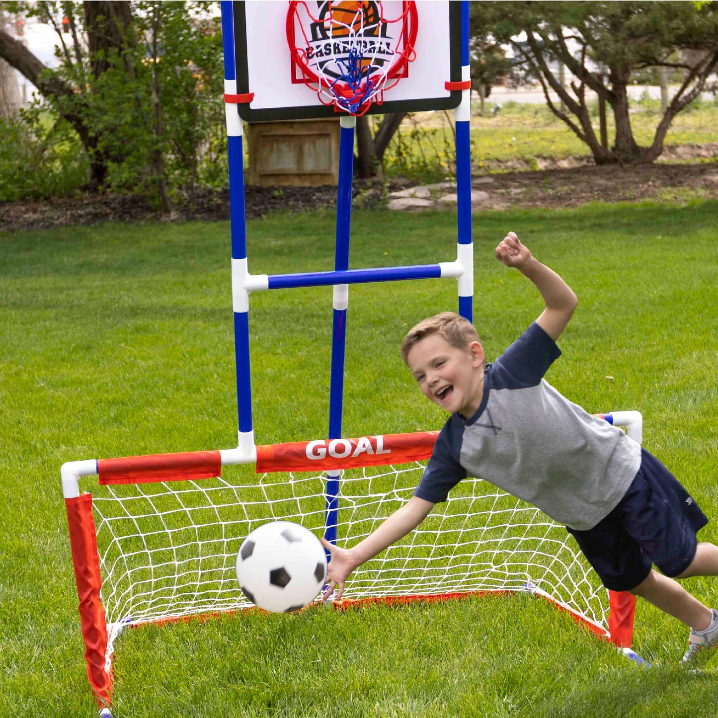 Island Genius 3 in 1 Sports Center for Kids Outdoor Toys for Kids Toddler Ages 3 4 5 6 7 8 Years Old | Basketball Hoop, Soccer Goal, and Hockey