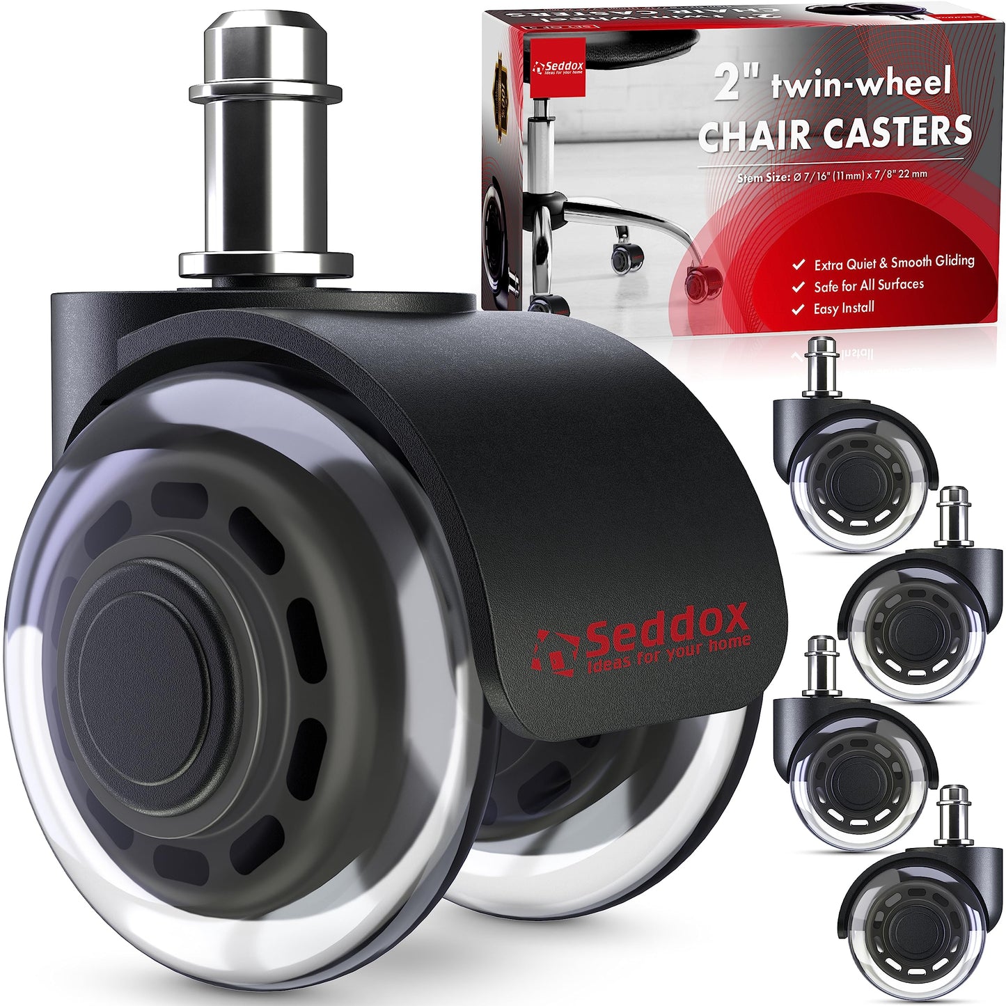 SEDDOX Office Chair Wheels Replacement Set of 5 - Dual 2 Inch Soft Chair Casters for Hardwood Vinyl Tile - Heavy Duty & Safe for All Floors - Fits 98% of Computer Gaming & Office Chairs - Black