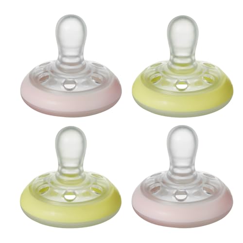 Tommee Tippee Breast-like Night Pacifier, 0-6 Months with Breast-like Shape and Glow in The Dark Technology, 4-Count, Pink/Yellow