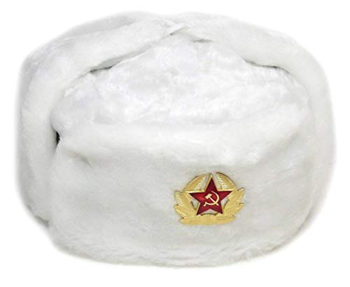 SIBERHAT Russian Soviet Army Fur Military Cossack Ushanka Hat (White, 55(XS))